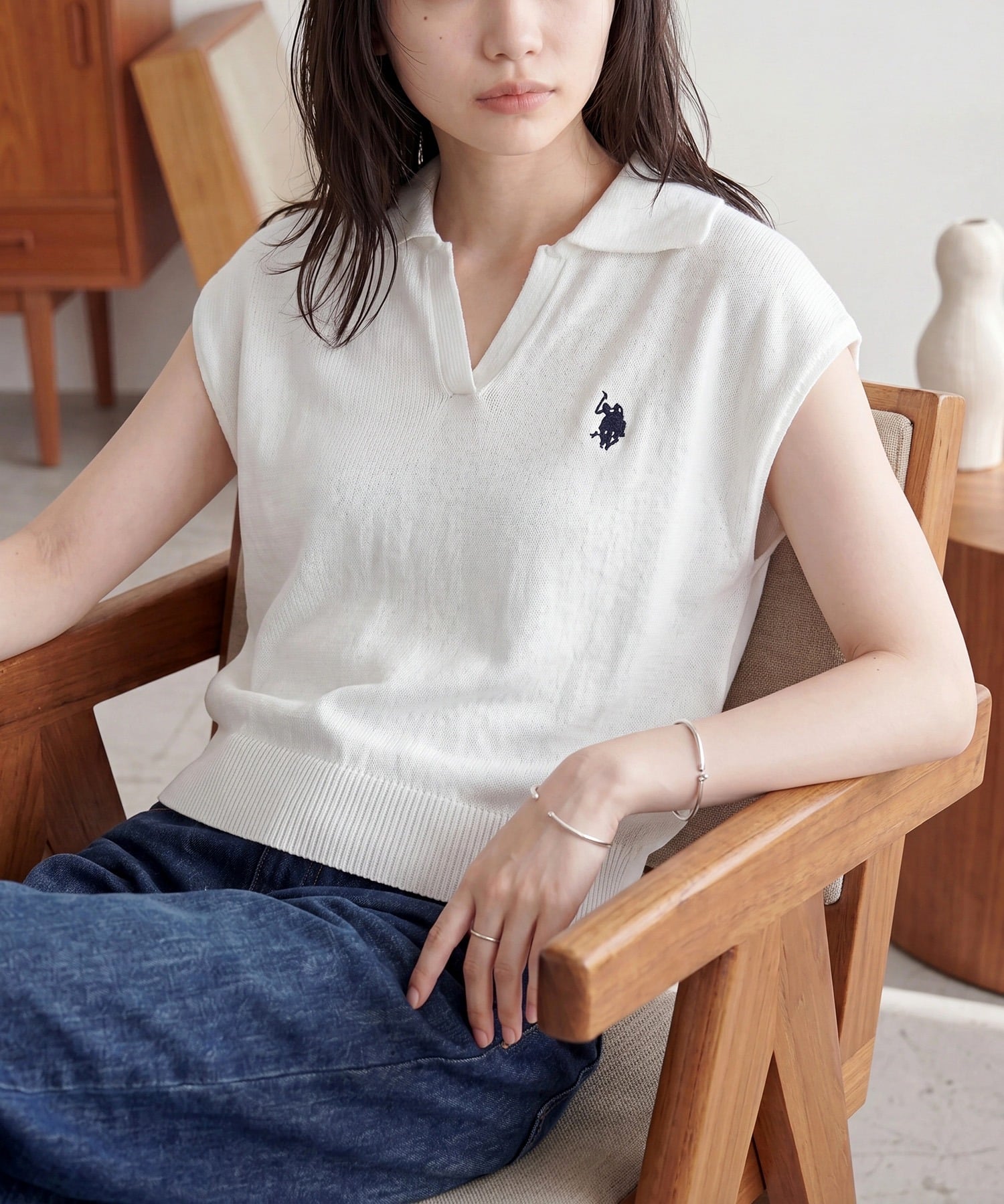 U.S. POLO ASSN. U.S. POLO ASSN./ワンポイント刺繍 2WAYカラーニットトップス セットアップセブン トップス ニット ブラウン ホワイト ネイビー