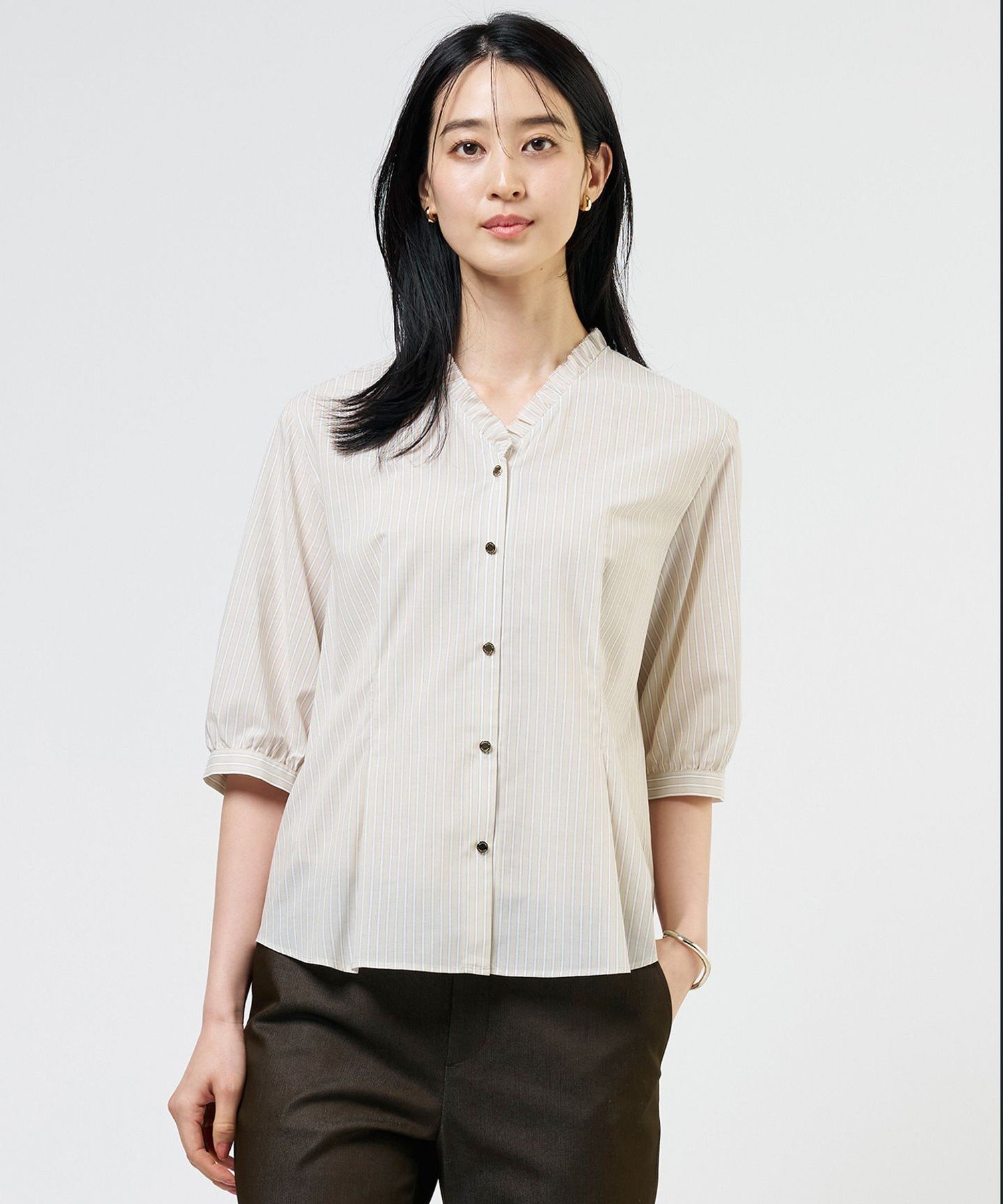 J.PRESS LADIES L 【一枚で着映え】シルフィーローン ストライプ フリル シャツブラウス ジェイプレス トップス シャツ・ブラウス ブルー ネイビー ベージュ