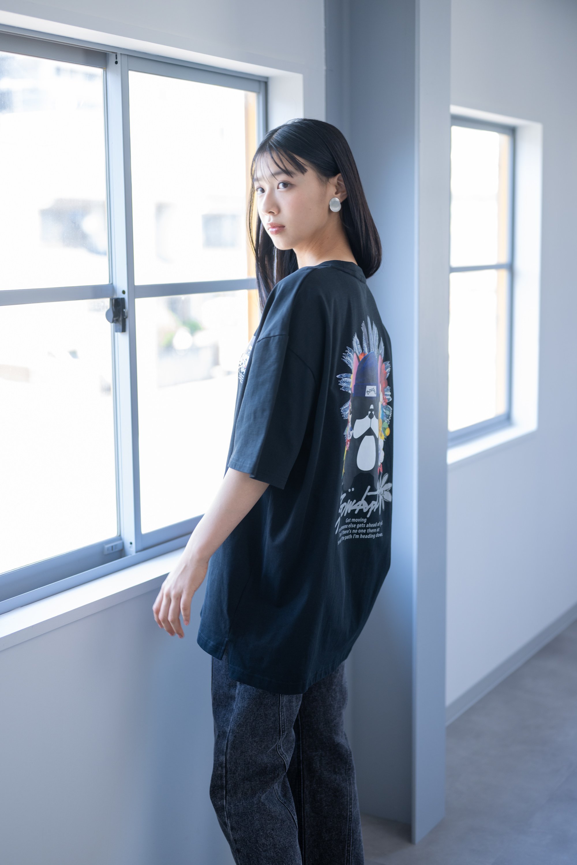 YEVS 【Bow dept】前後プリントニット帽Tシャツ【ユニセックス】 イーブス トップス カットソー・Tシャツ ブラック