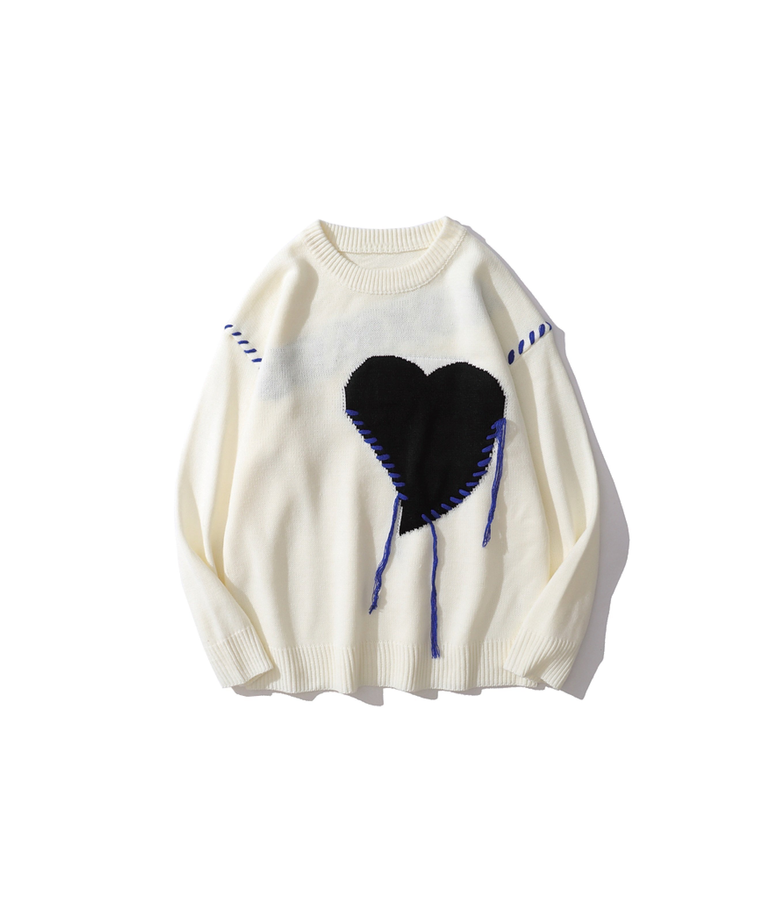 U:UME Heart Motif Patchwork Sweater ユーム トップス ニット ホワイト ブラック【送料無料】