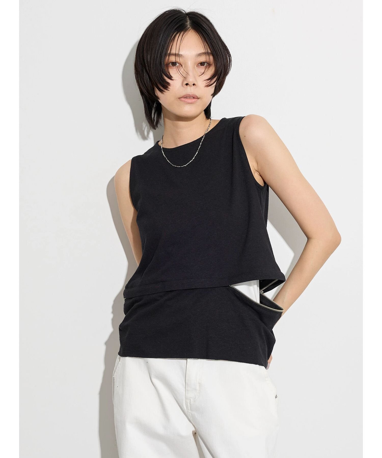 【日本製】ウエストZIP付ノースリーブ ガレージ オブ グッド クロージング トップス カットソー・Tシャツ ブラック ベージュ