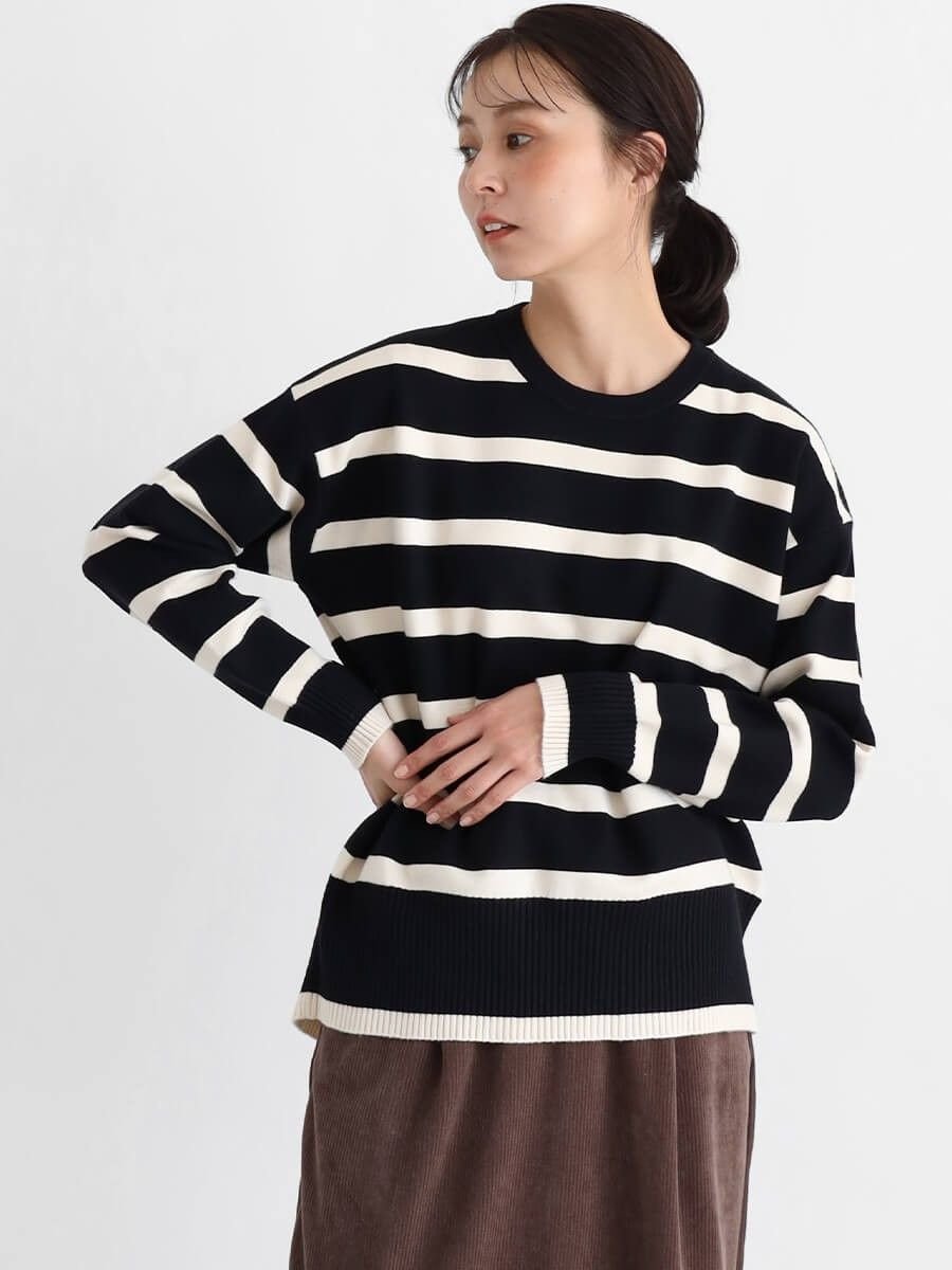 【SALE／38%OFF】CLOVE クルーネックボーダーニット ラシュッド トップス ニット グレー ブラック ホワ..
