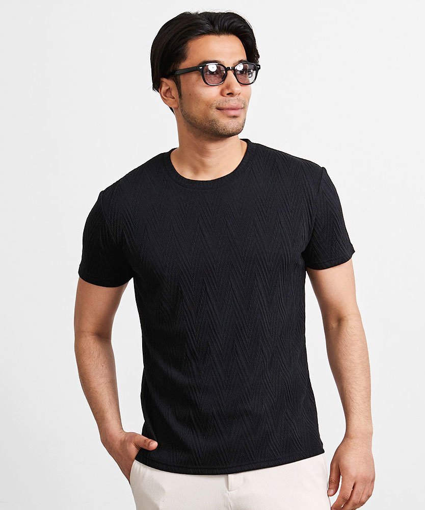 CavariA ランダムシェブロン半袖クルーネックTシャツ シルバーバレット トップス カットソー・Tシャツ ホワイト ネイビー ブラック