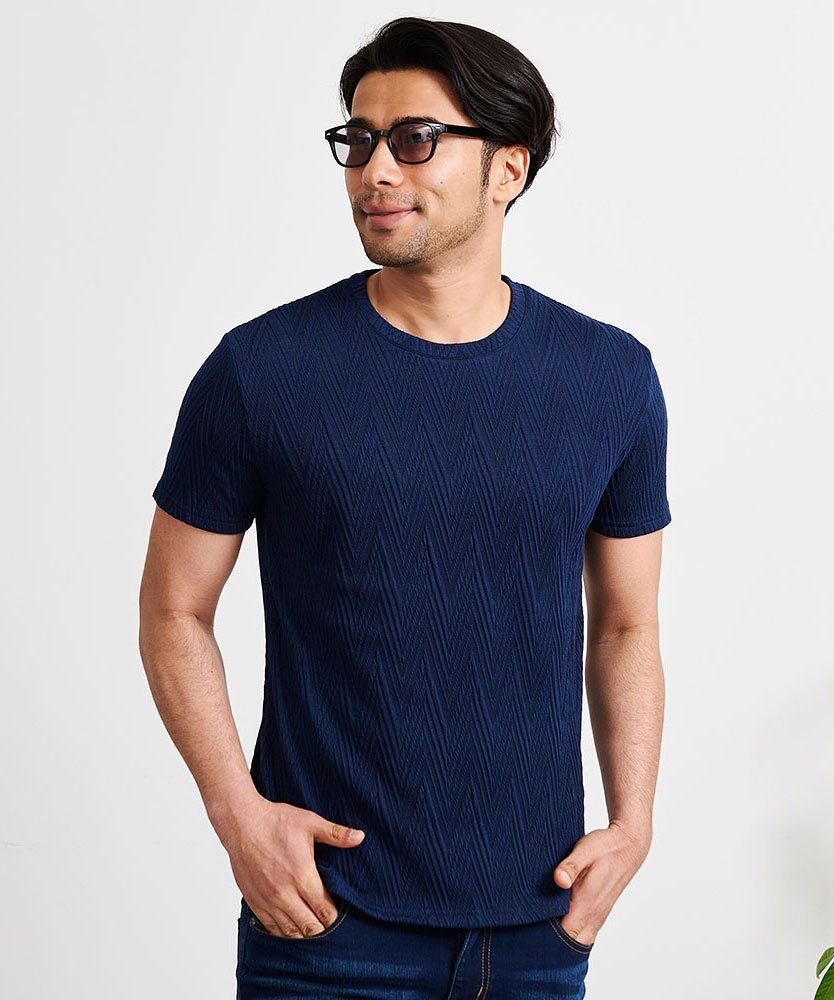 CavariA ランダムシェブロン半袖クルーネックTシャツ シルバーバレット トップス カットソー・Tシャツ ホワイト ネイビー ブラック