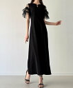 【SALE/74%OFF】JUNOAH チュールフリル半袖セミフレアワンピース(薄手,裏地なし) ジュノア ワンピース・ドレス ワンピース グレー ブラック