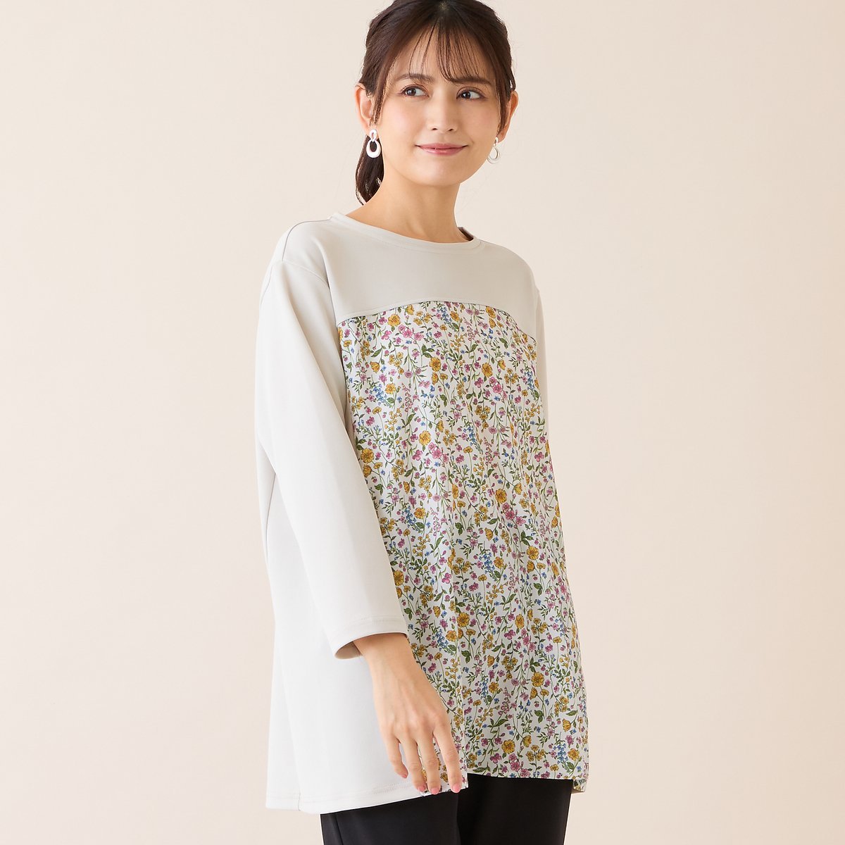 missel 【洗える・アンサンブル可・L~4Lサイズ】ボタニカル柄カットソー ミゼール トップス カットソー・Tシャツ ベージュ ネイビー
