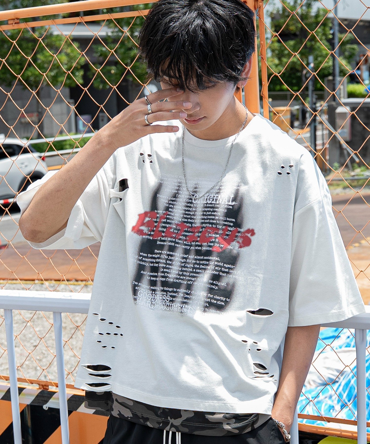 WEGO MEN'S 接触冷感メッシュレイヤードダメージT(SS) ウィゴー トップス カットソー・Tシャツ ホワイト ブラック
