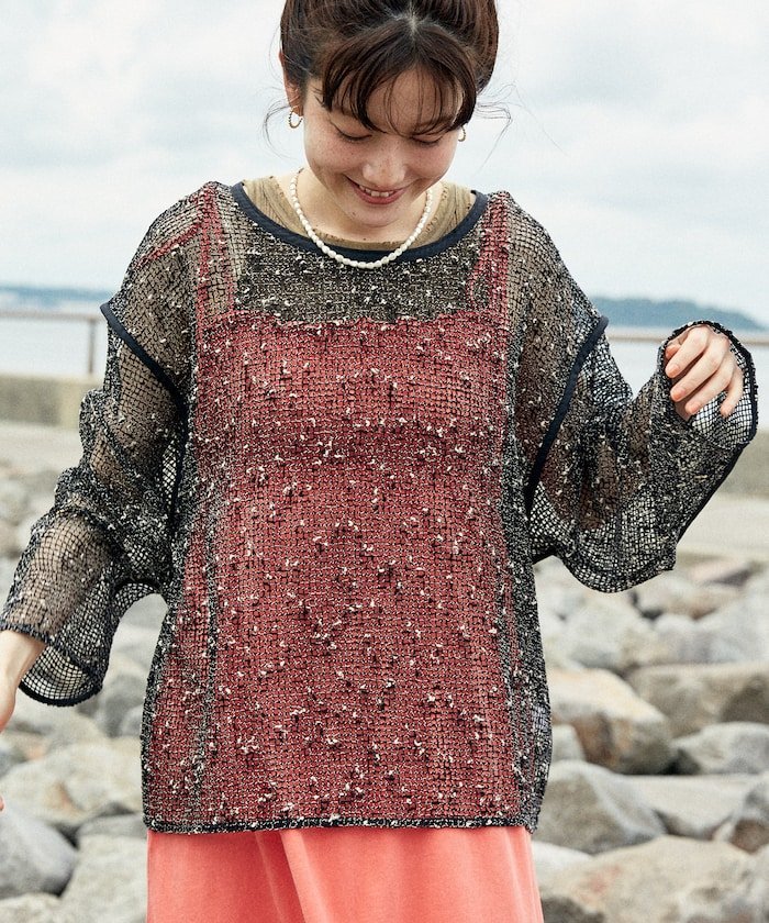 【SALE／50%OFF】FREAK'S STORE ネップメッシュトップス 25SS フリークスストア トップス カットソー・Tシャツ ブラック ベージュ ブラウンのサムネイル