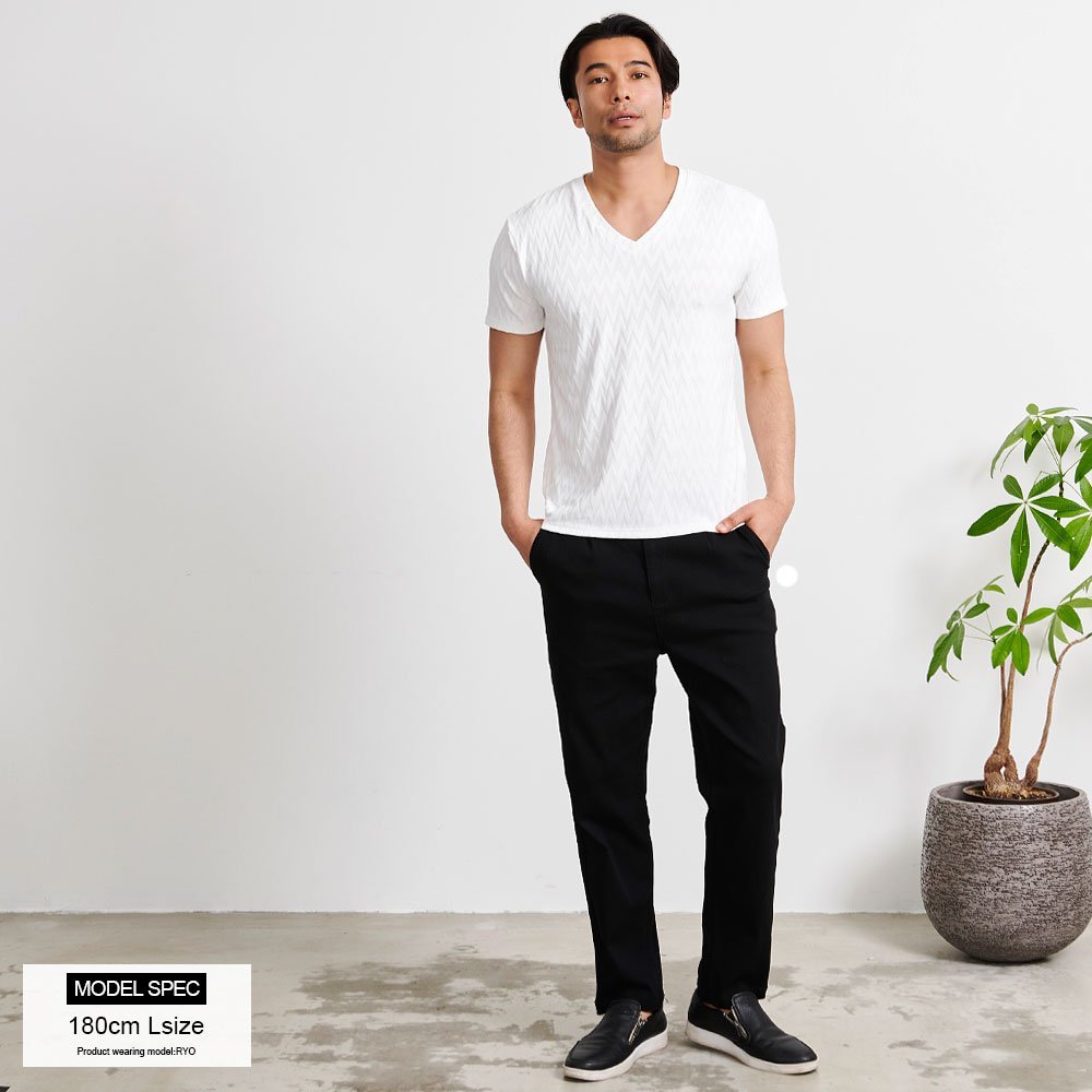 CavariA パイルシェブロン半袖VネックTシャツ シルバーバレット トップス カットソー・Tシャツ ホワイト ブラック