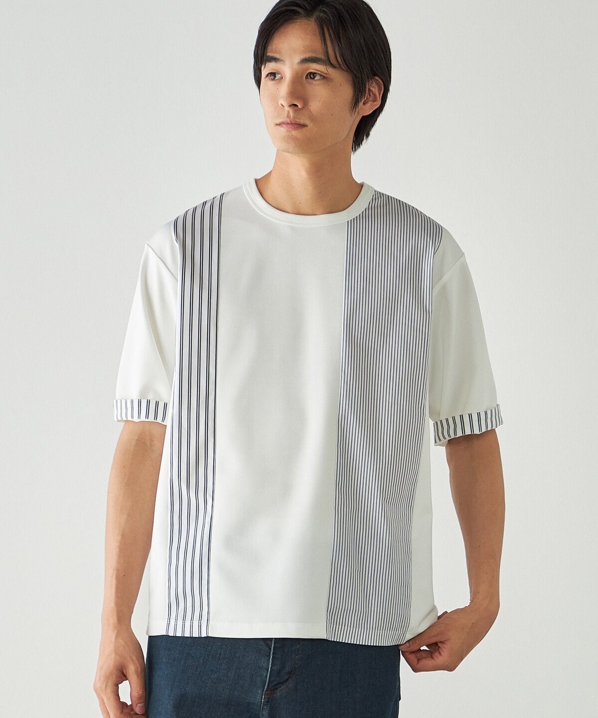 ストライプ ブロッキングTシャツ コムサイズム トップス カットソー・Tシャツ ブラック ホワイト