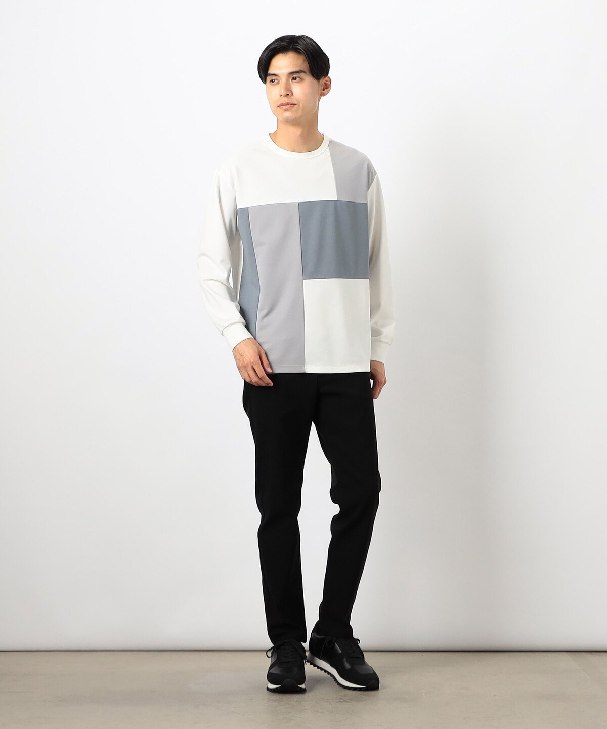 カラーブロック パッチワーク クルーネックTシャツ コムサイズム トップス カットソー・Tシャツ ホワイト ブラック