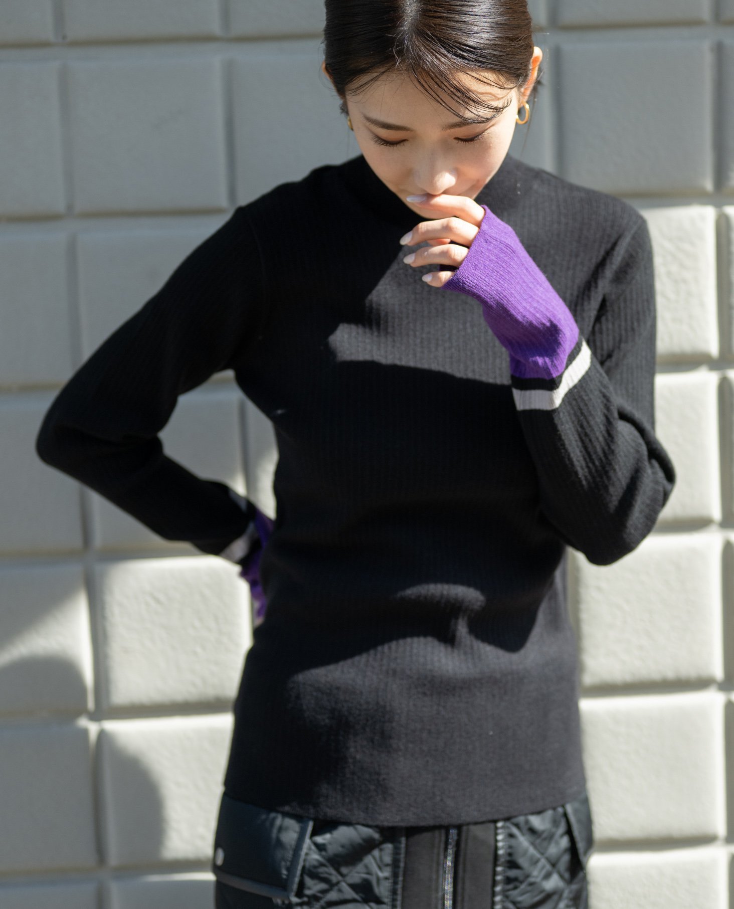 YEVS やわもち静電防止配色リブハイネック イーブス トップス ニット ブラック グレー【送料無料】