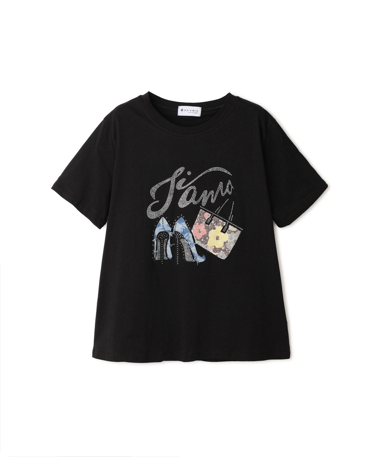 JAYRO ラインストーンヒール&バッグTシャツ ジャイロ トップス カットソー・Tシャツ ブラック ホワイト