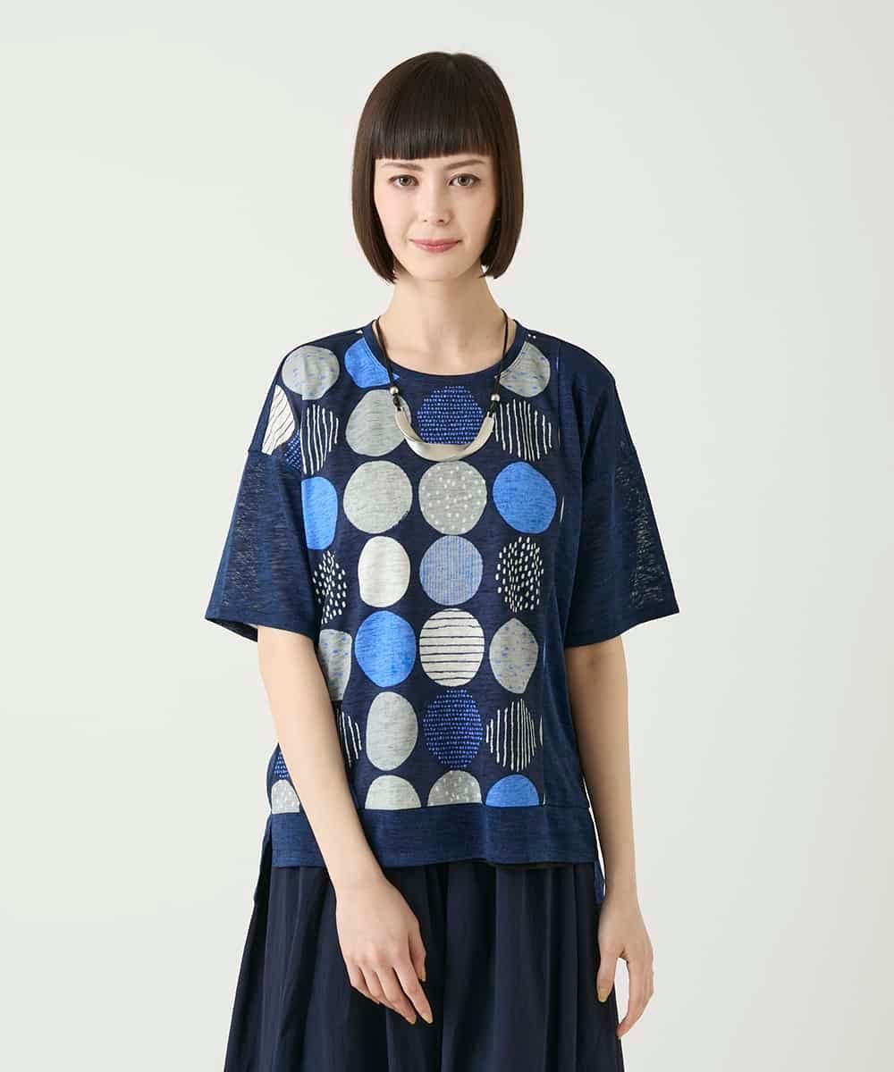 HIROKO BIS GRANDE 【大きいサイズ】カラフルパターンドットTシャツ /洗濯機で洗える ヒロコ ビス グランデ トップス カットソー・Tシャツ ホワイト ネイビー