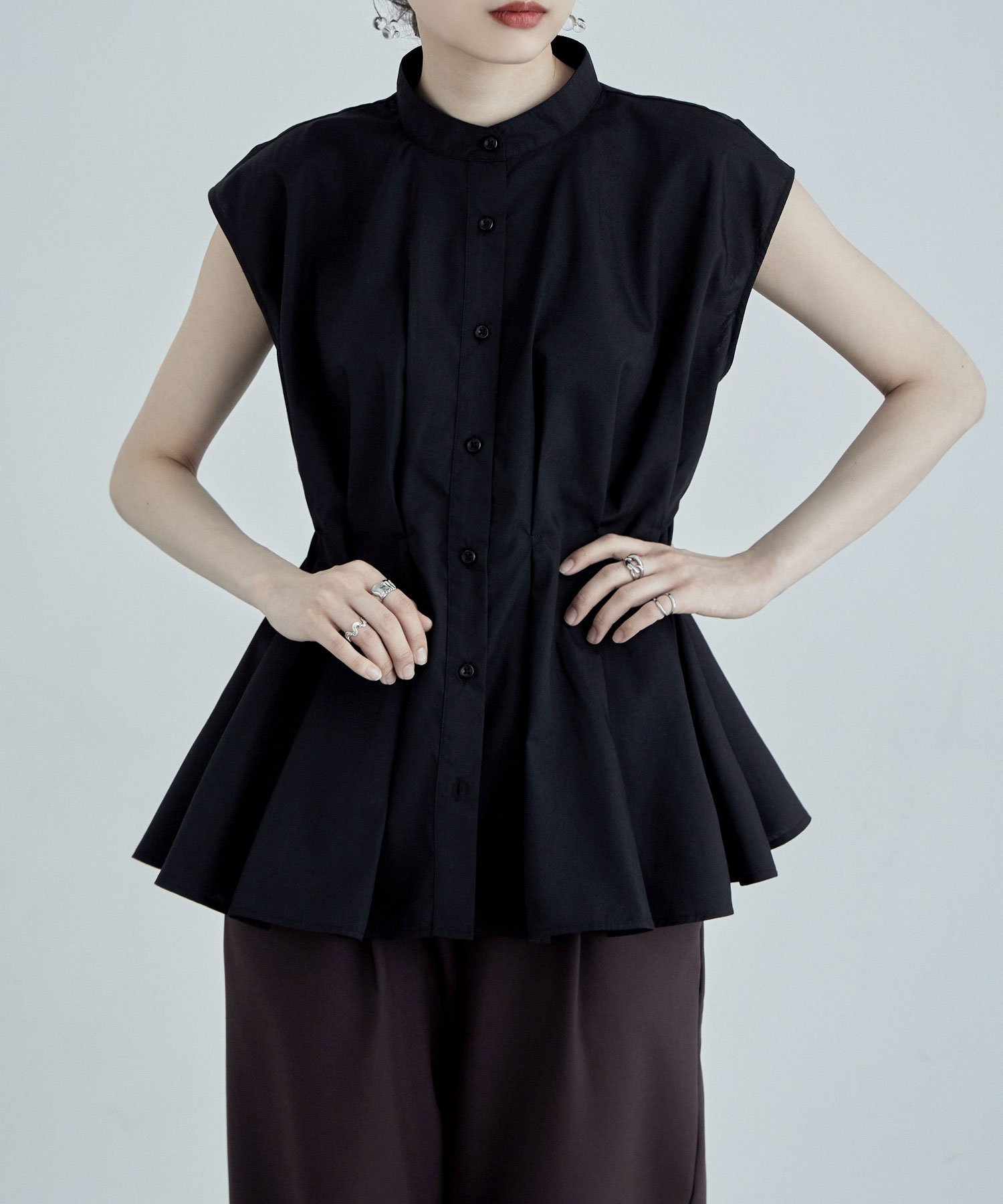 etoll. ウエストタックフレンチスリーブブラウス ビーフラット トップス シャツ・ブラウス ホワイト ブラック ブルー【送料無料】のサムネイル