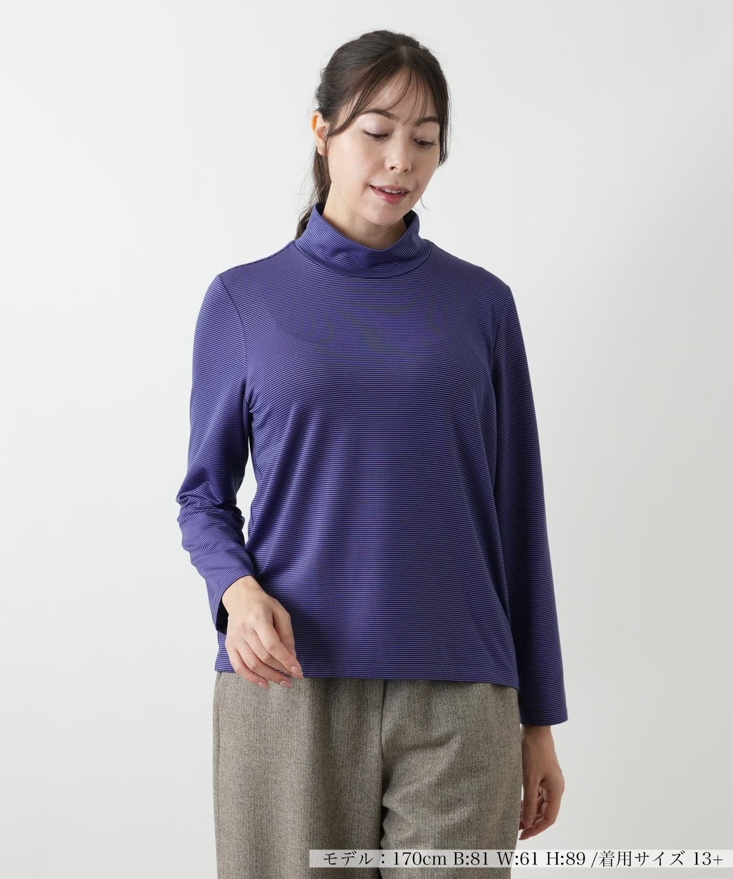 Leilian PLUS HOUSE ミジンコボーダー ハイネックカットソー レリアン プラスハウス トップス カットソー・Tシャツ ベージュ パープル グレー
