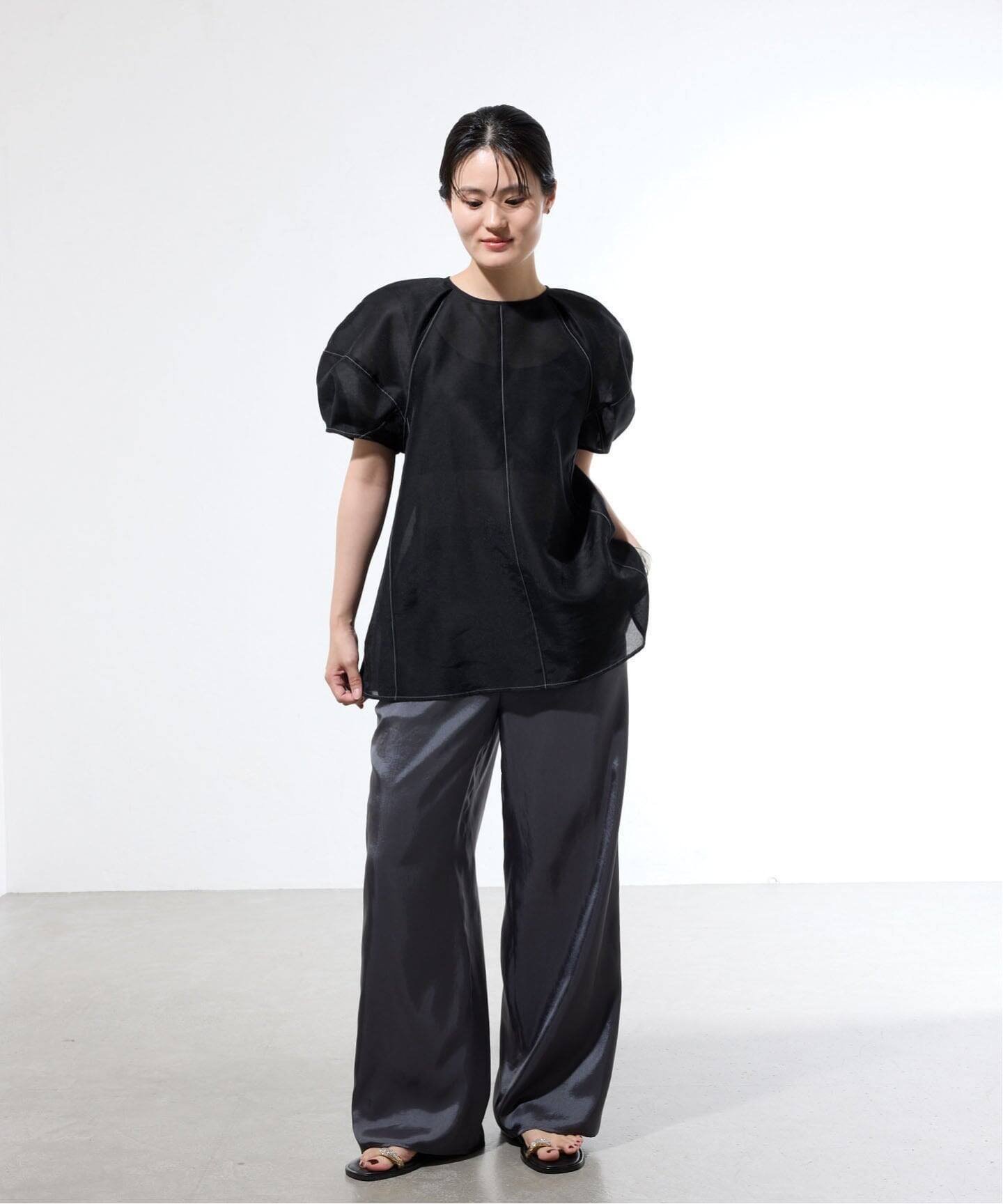 IENA 《一部店舗限定》袖ボリュームシアーブラウス イエナ トップス シャツ・ブラウス グリーン ブラック