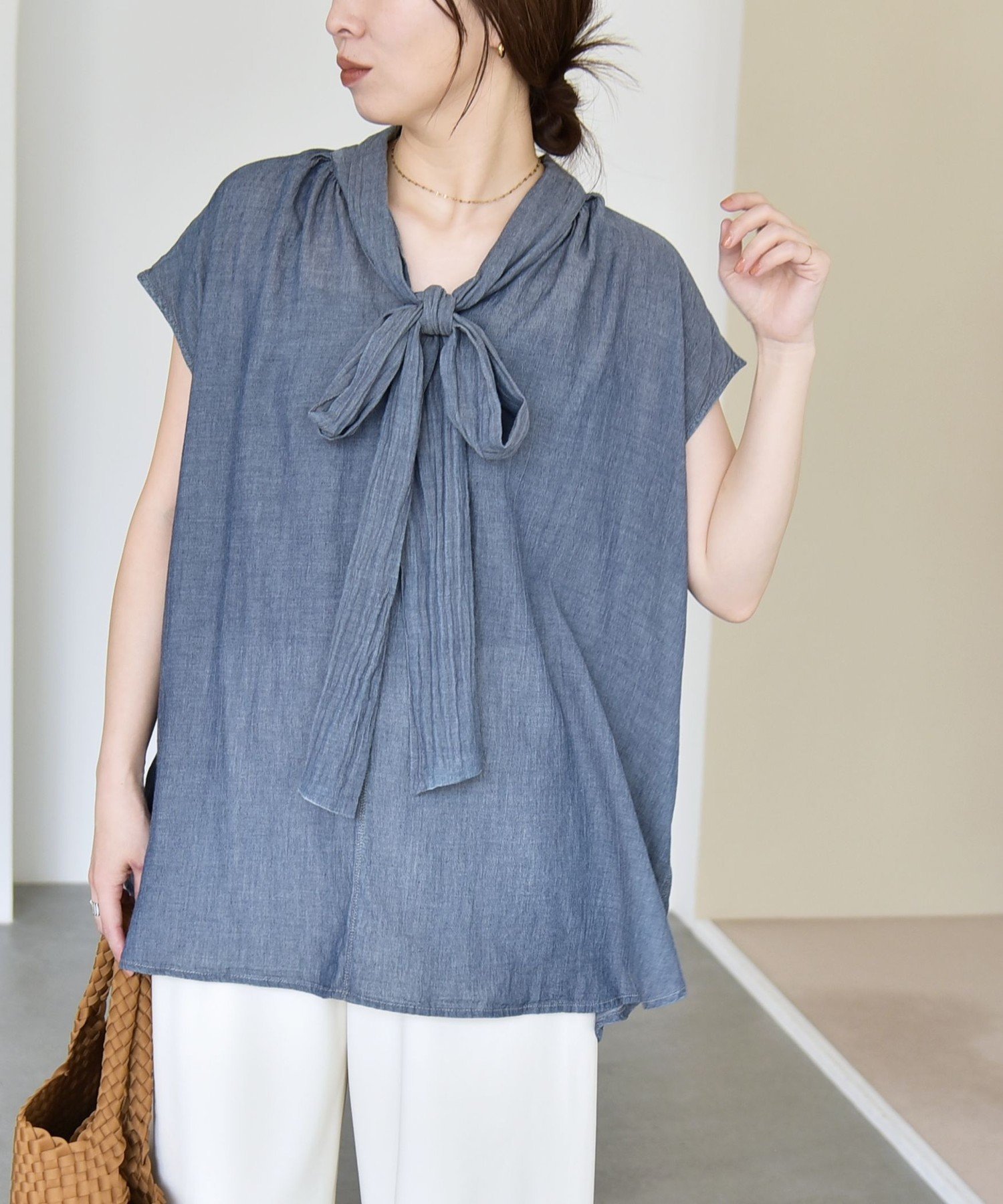 quaranciel quaranciel:＜手洗い可能＞シアー デニム ボウタイ フレンチスリーブ ブラウス シップス トップス シャツ・ブラウス ブルー
