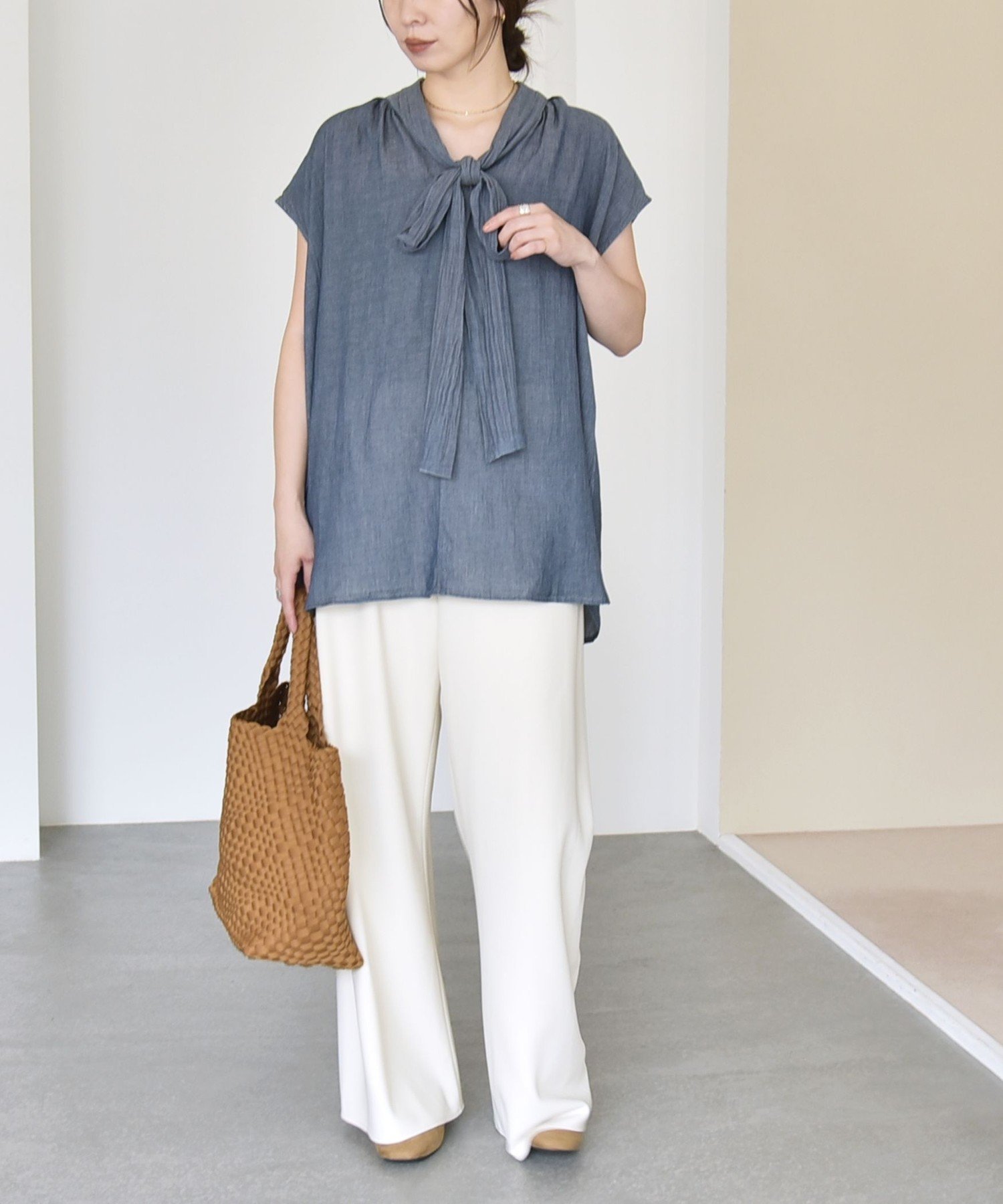 quaranciel quaranciel:＜手洗い可能＞シアー デニム ボウタイ フレンチスリーブ ブラウス シップス トップス シャツ・ブラウス ブルー