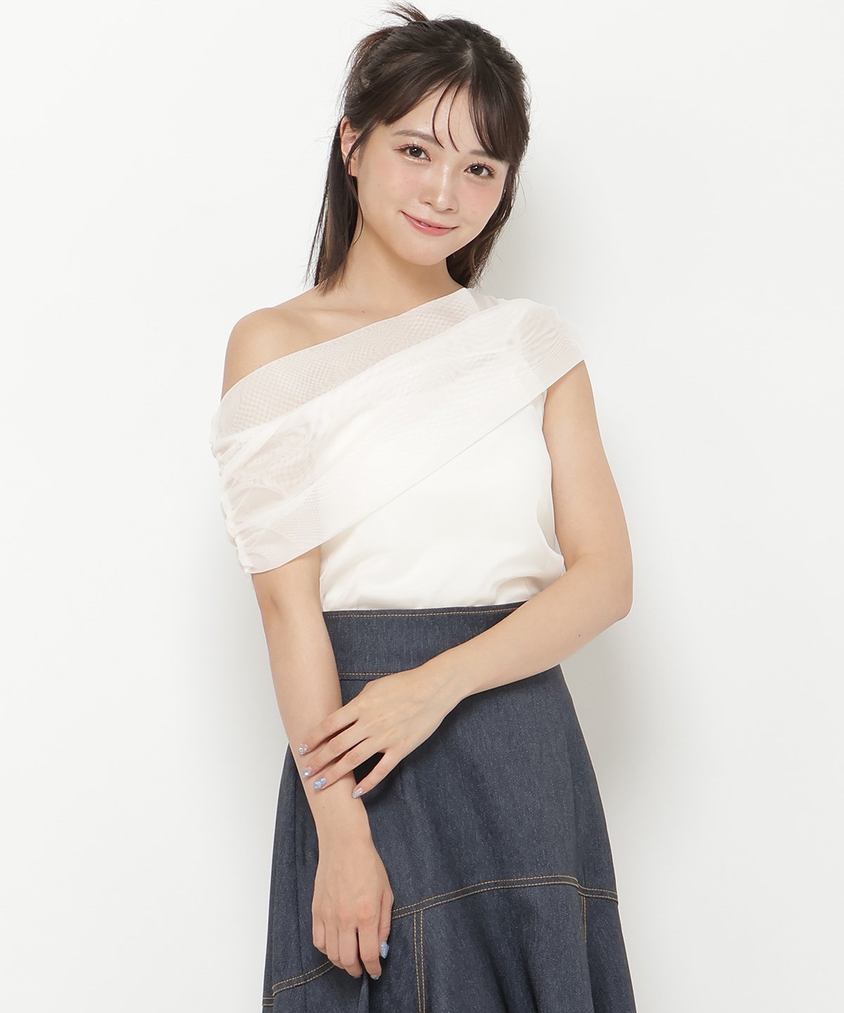 REDYAZEL アシメドレープチュールトップス レディアゼル トップス カットソー・Tシャツ ブラック ホワイト ピンク