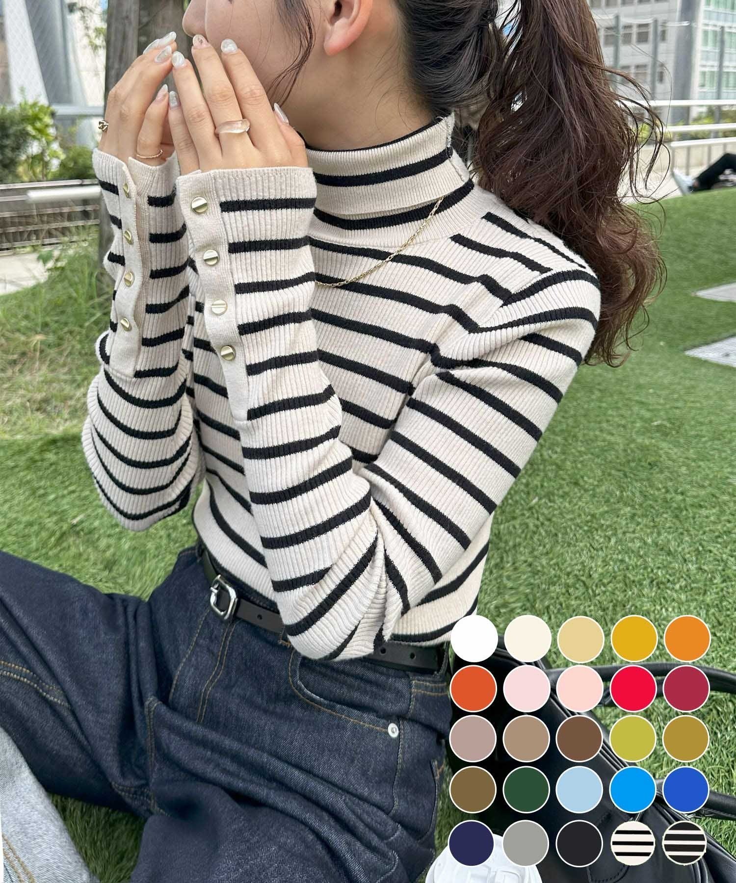 Discoat 【新色追加!】リブ袖口ボタンタートル《WEB限定カラーあり》 ディスコート トップス ニット ホワイト グレー イエロー オレンジ ピンク ネイ...