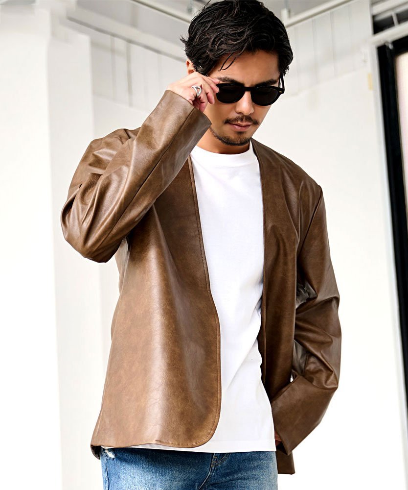 CavariA CavariA PUレザーノーカラーJKT シルバーバレット ジャケット・アウター ノーカラージャケット ホワイト ブラック ブラウン【送料無料】