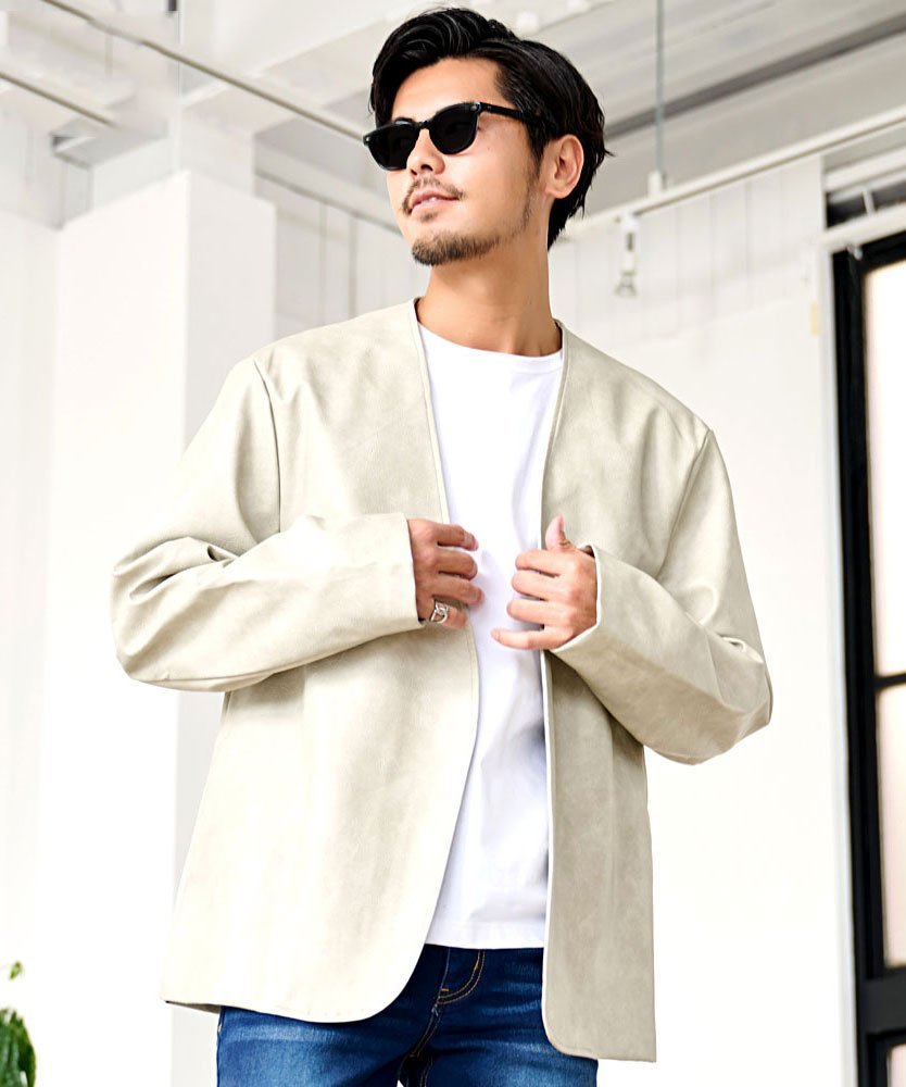 CavariA CavariA PUレザーノーカラーJKT シルバーバレット ジャケット・アウター ノーカラージャケット ホワイト ブラック ブラウン【送料無料】