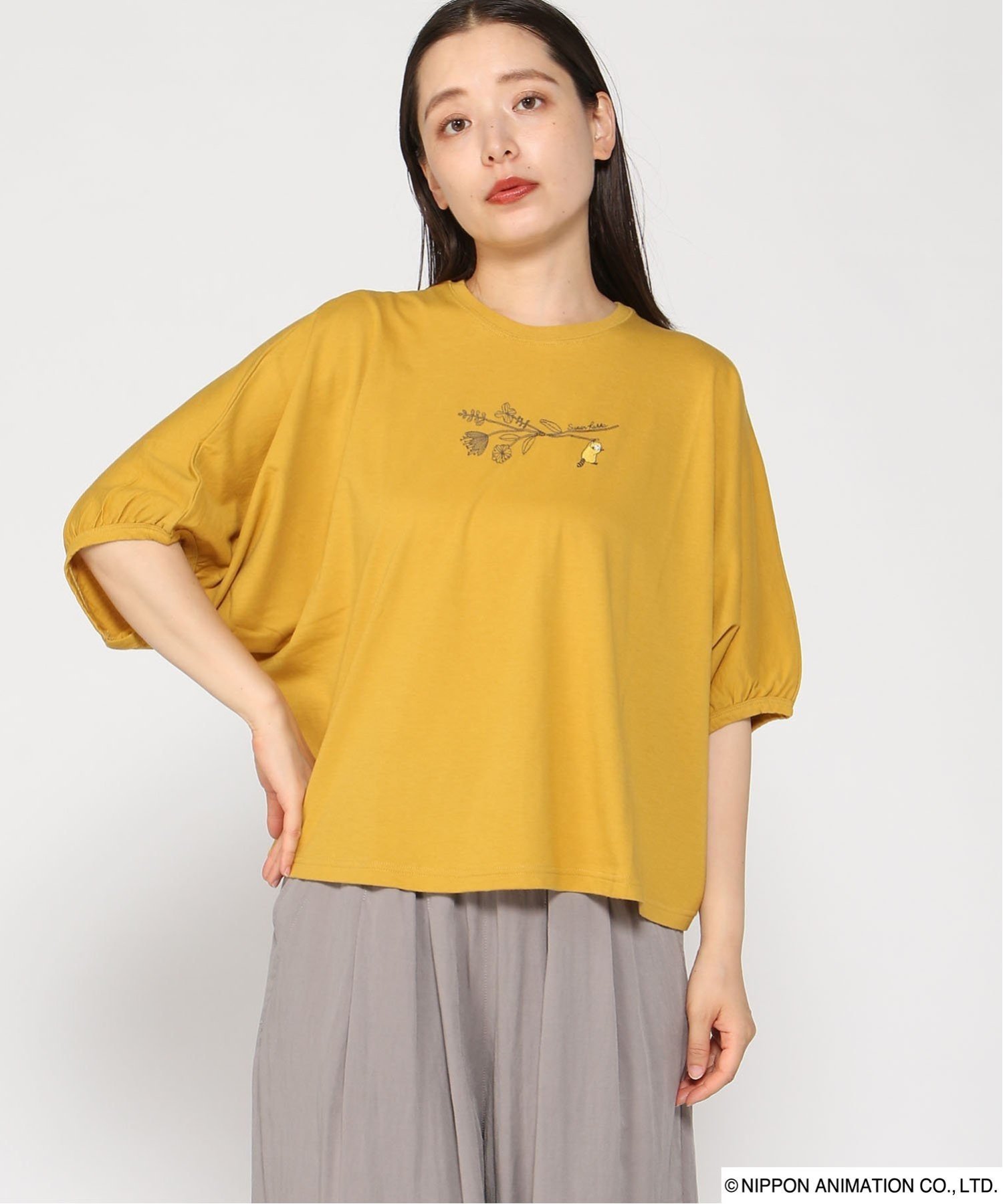 SUPER HAKKA SUPER HAKKA×世界名作劇場 あらいぐまラスカルとフラワー刺繍ドルマンスリーブTシャツ スーパーハッカ トップス カットソー・Tシャツ イエロー ネイビー ホワイト