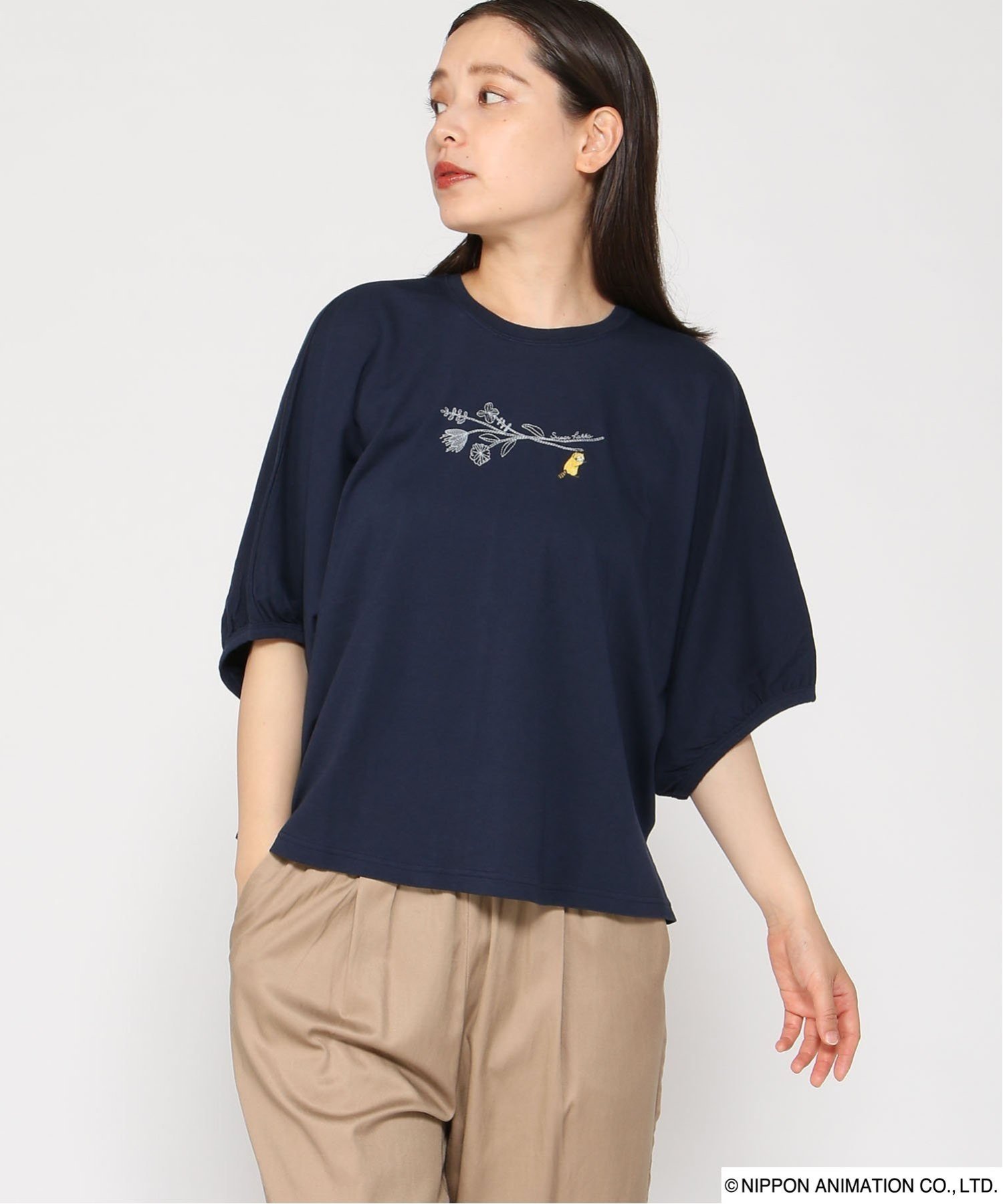 SUPER HAKKA SUPER HAKKA×世界名作劇場 あらいぐまラスカルとフラワー刺繍ドルマンスリーブTシャツ スーパーハッカ トップス カットソー・Tシャツ イエロー ネイビー ホワイト