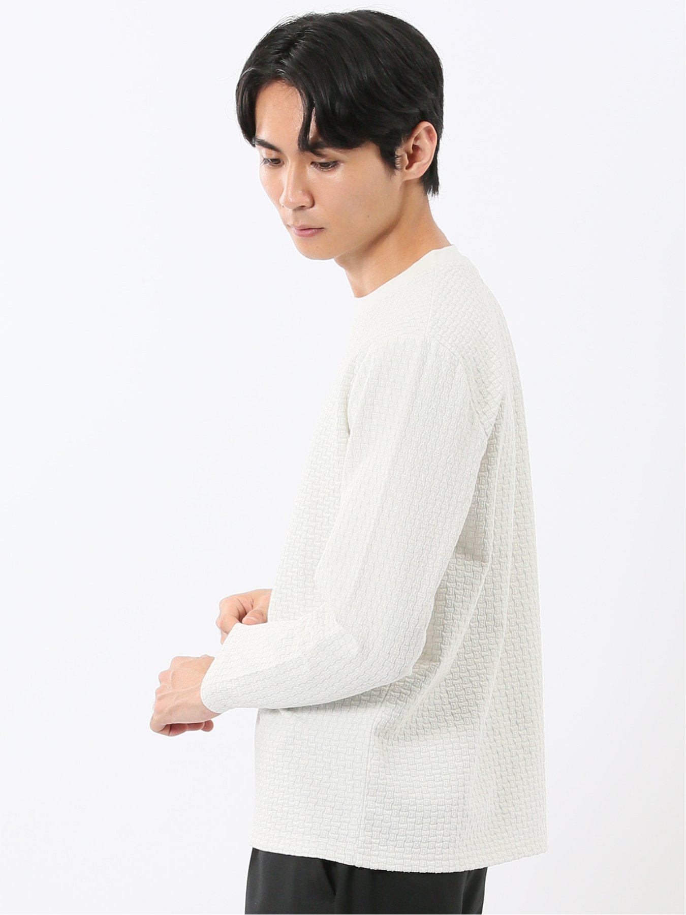 【SALE／30%OFF】TAKA-Q バスケットジャガード クルーネック長袖Tシャツ タカキュー トップス カットソー・Tシャツ ネイビー ホワイト