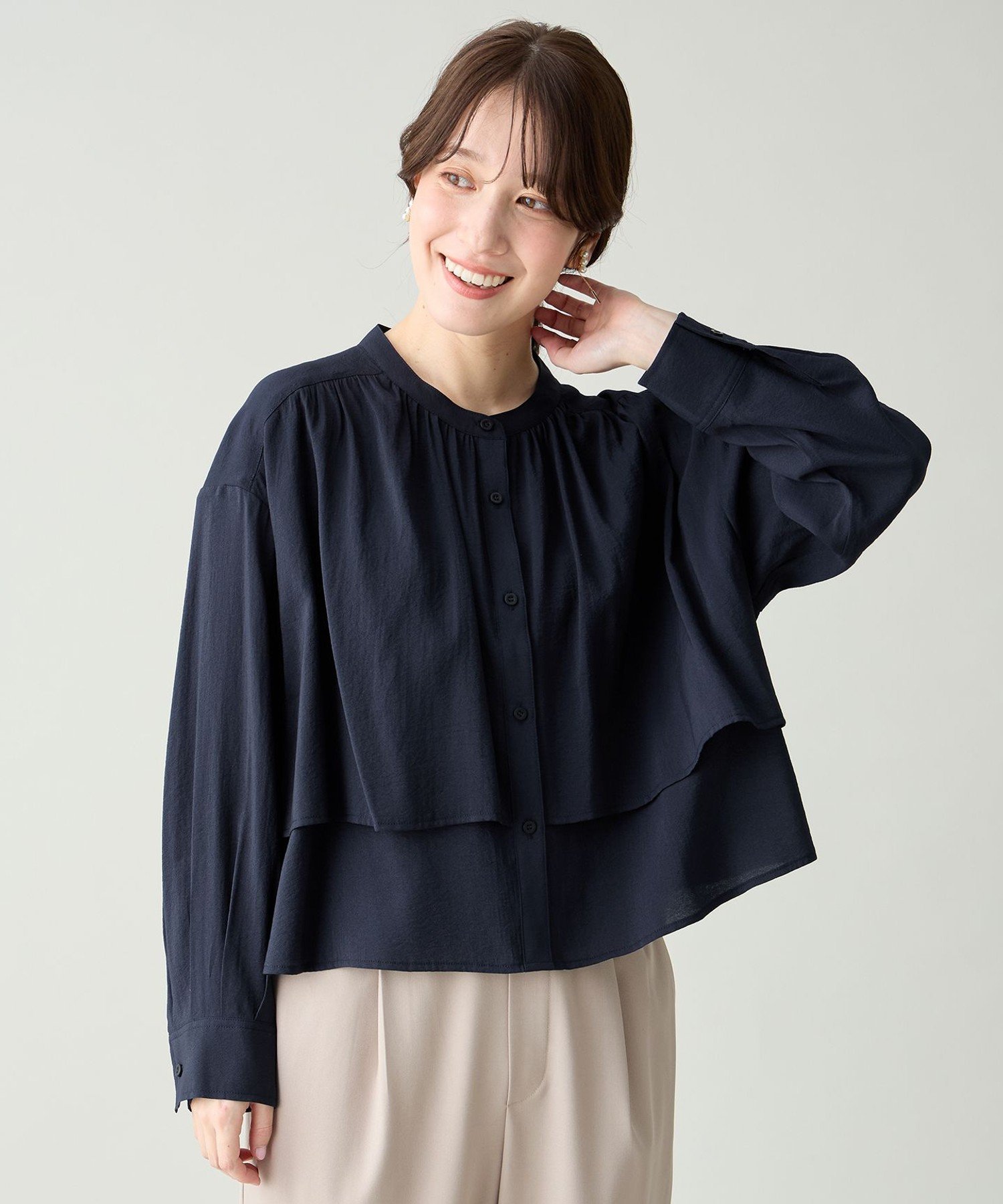 【SALE／20%OFF】ANY L ラッフルクロップドシャツ エニィ トップス シャツ・ブラウス イエロー ネイビー ベージュ【送料無料】