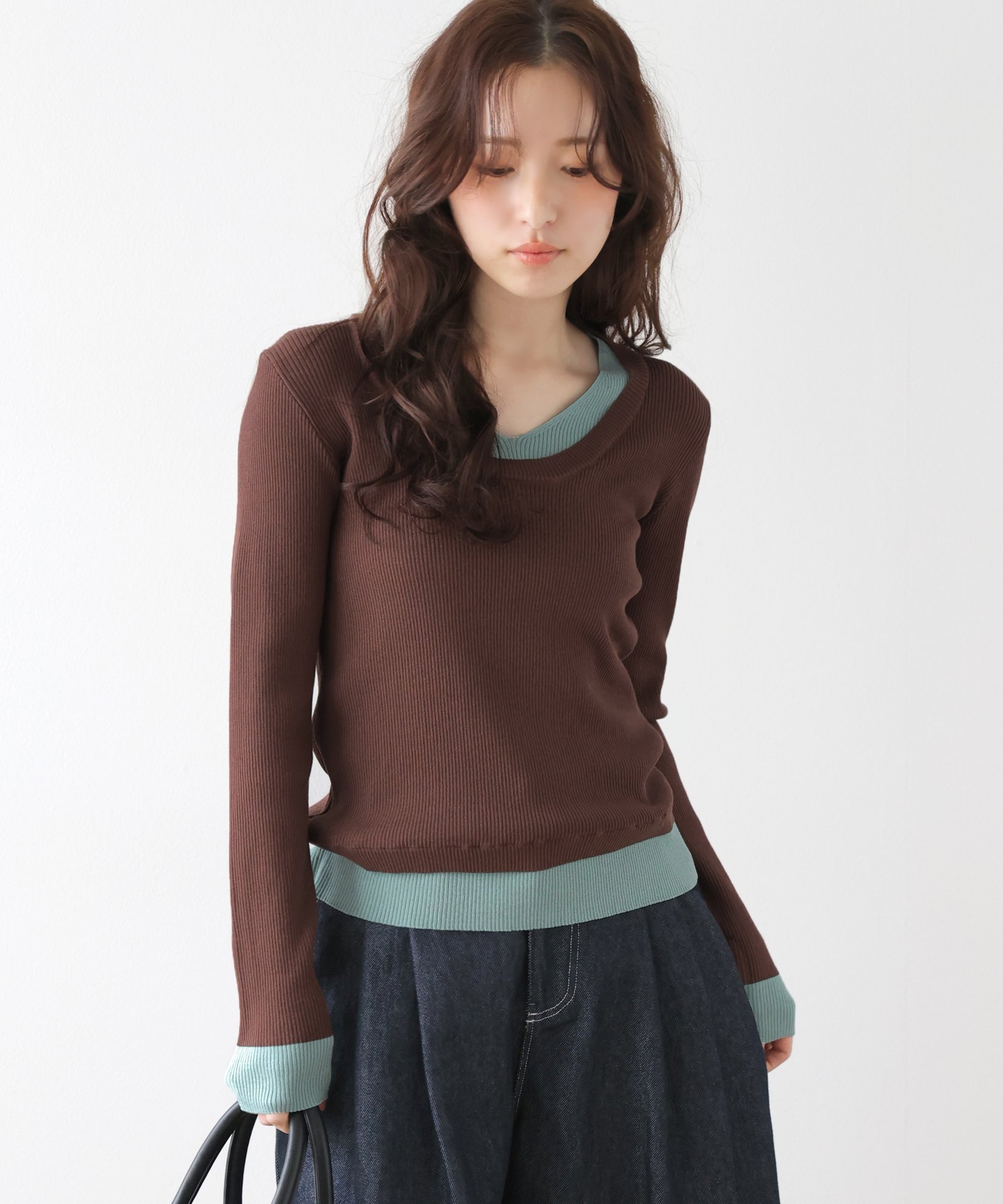 La-gemme バイカラーリブニットトップス ラジュール トップス ニット ブラウン ベージュ ネイビー