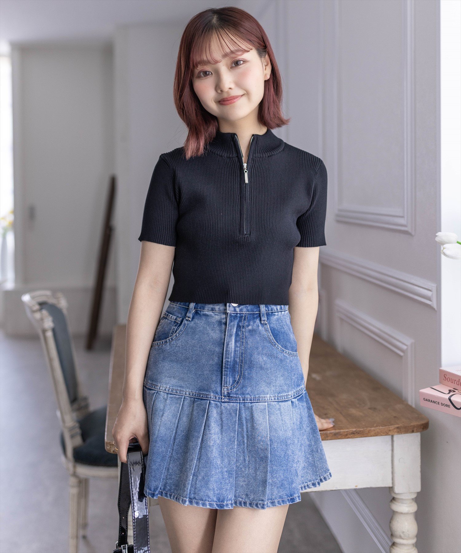 【SALE/66%OFF】clear 【スタイルアップ効果】ハーフジップ半袖ニットトップス クリア トップス ニット ブラック グレー ホワイト