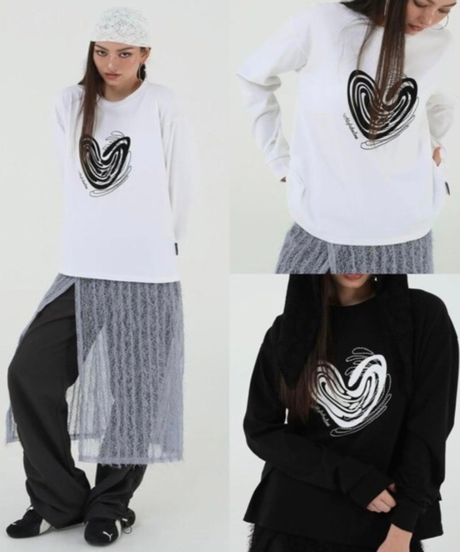Uglyshadow 【Uglyshadow】HEART LONG SLEEVED TOP ネバーマインドザエックスユー／チカシツプラス トップス カットソー・Tシャツ ブラック ホワイト