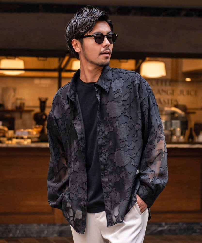 SB select CIAO 長袖シアーシャツ フラワー シルバーバレット トップス シャツ・ブラウス ホワイト ブラック