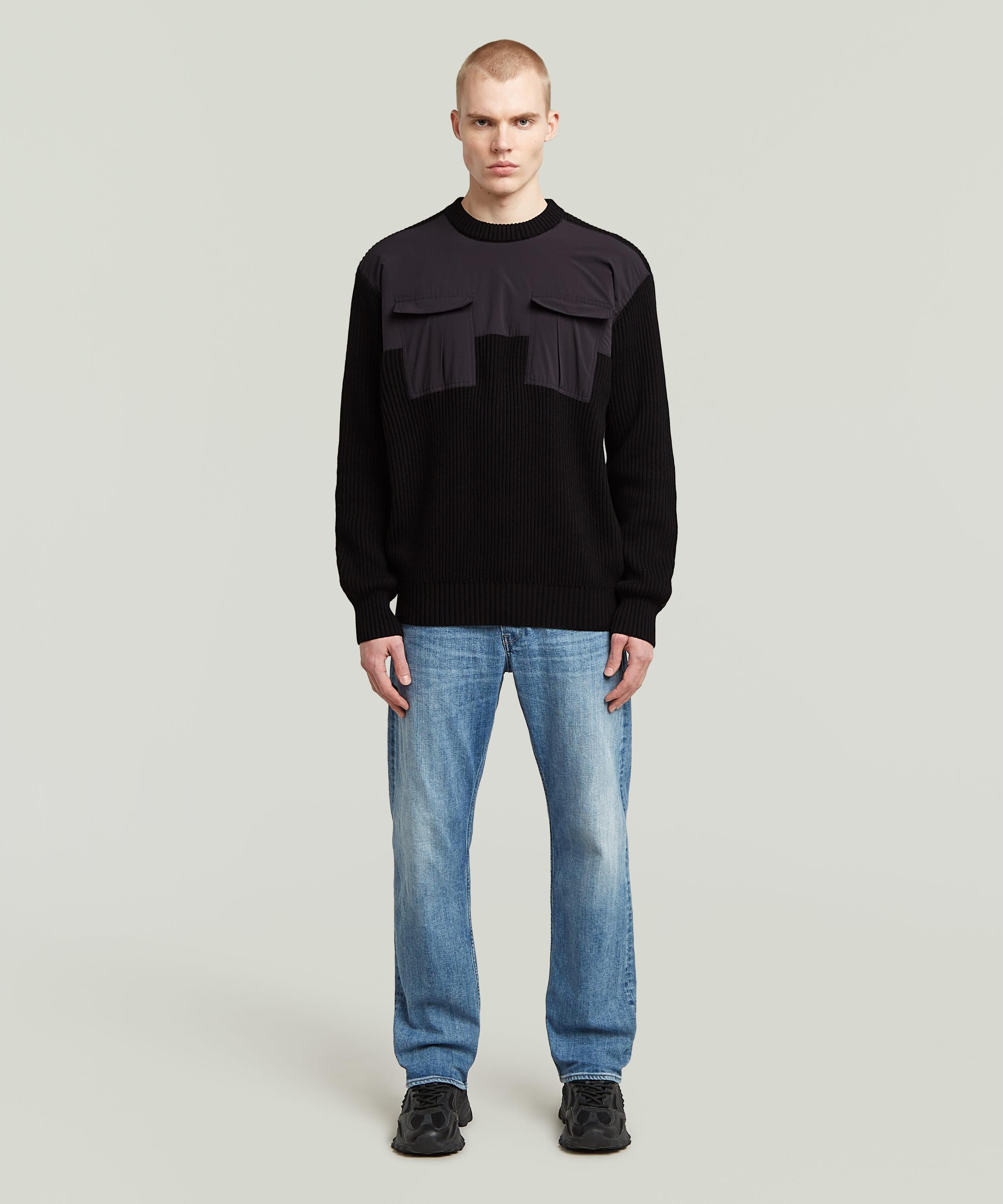【公式ショップ】WOVEN MIX KNIT PULLOVER/異素材ミックスミリタリーディテールルーズコットンセーター ジースターロゥ トップス ニット ブラック