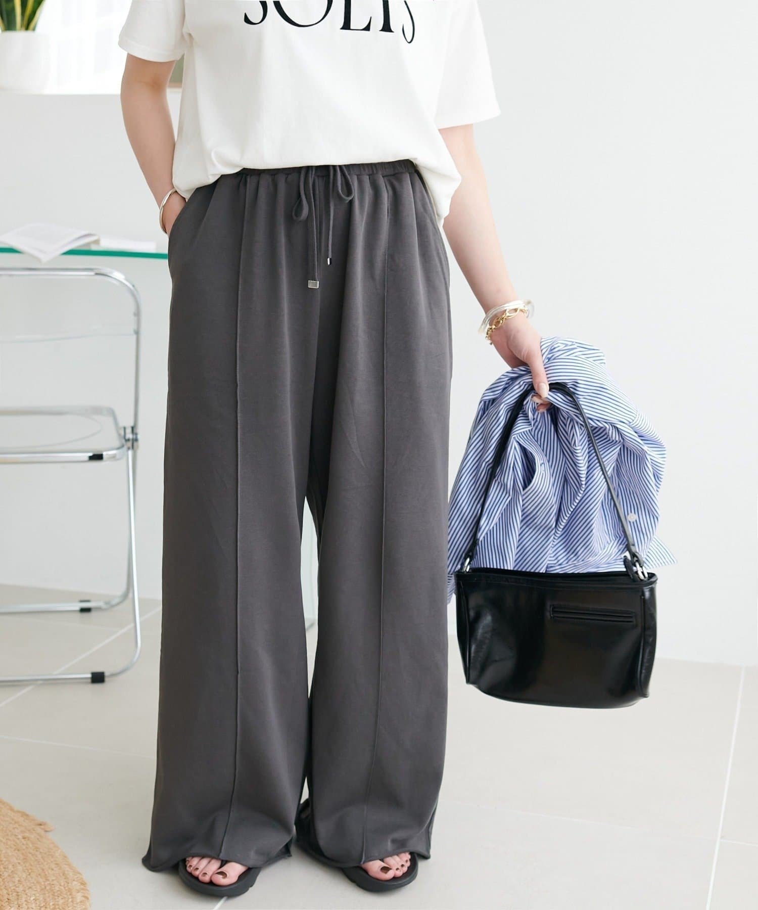 ライトオンス裏毛センタープレスワイドパンツ ディスコート パンツ その他のパンツ グレー ホワイト ベージュ