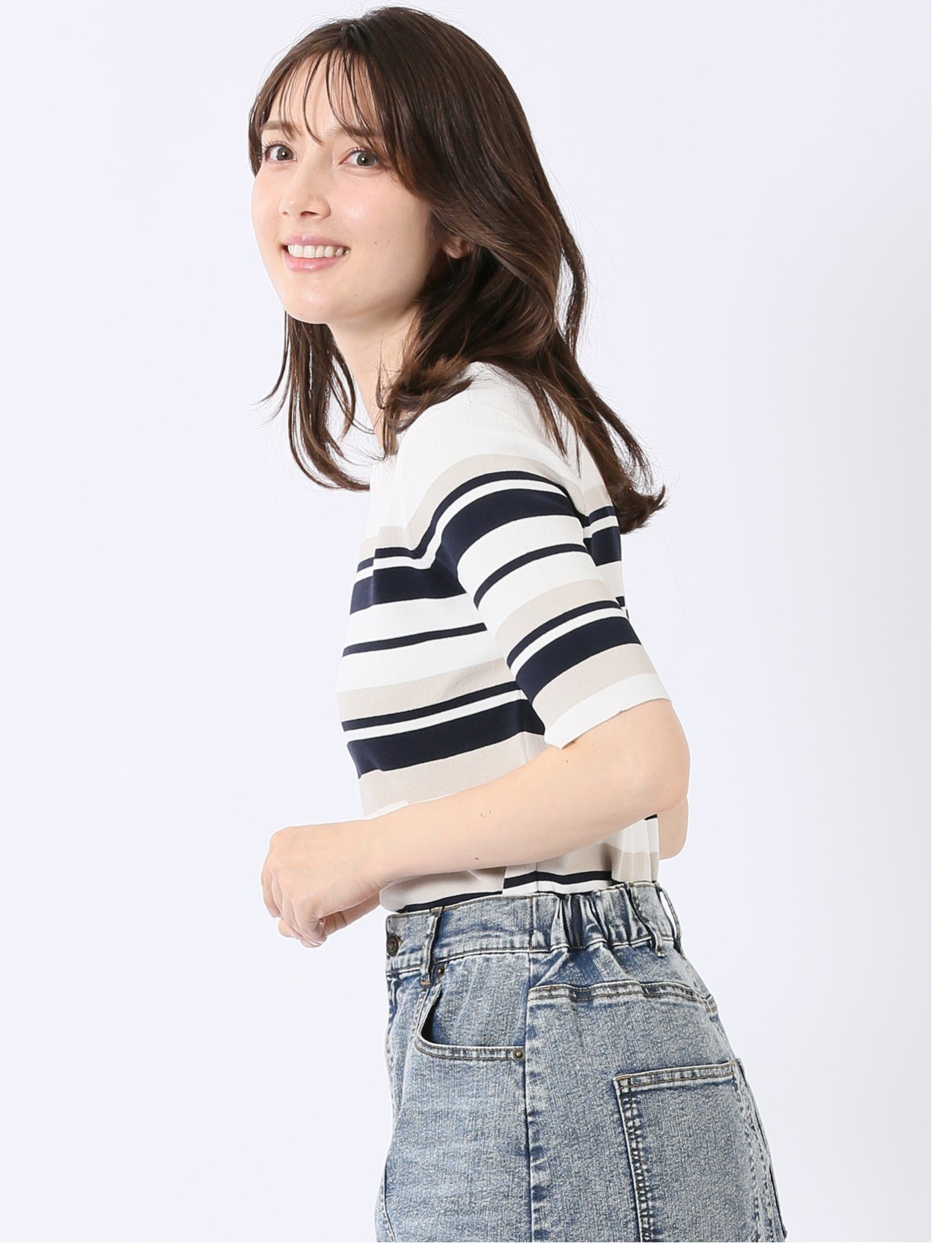 【SALE／10%OFF】m.f.editorial 快適機能 ボーダー クルー 半袖 ニット プルオーバー タカキュー トップス ニット ホワイト【送料無料】