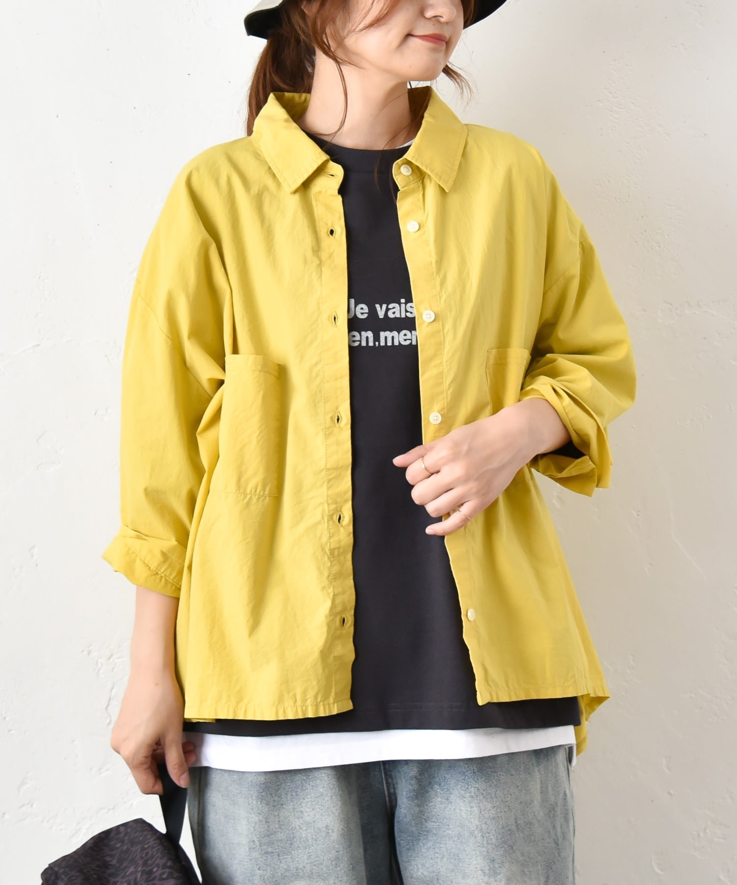 in the Market IN THE MARKET｜異素材切替え7分袖シャツ [[C-2543]][C] ハグハグ トップス シャツ・ブラウス イエロー ホワイト ブラック