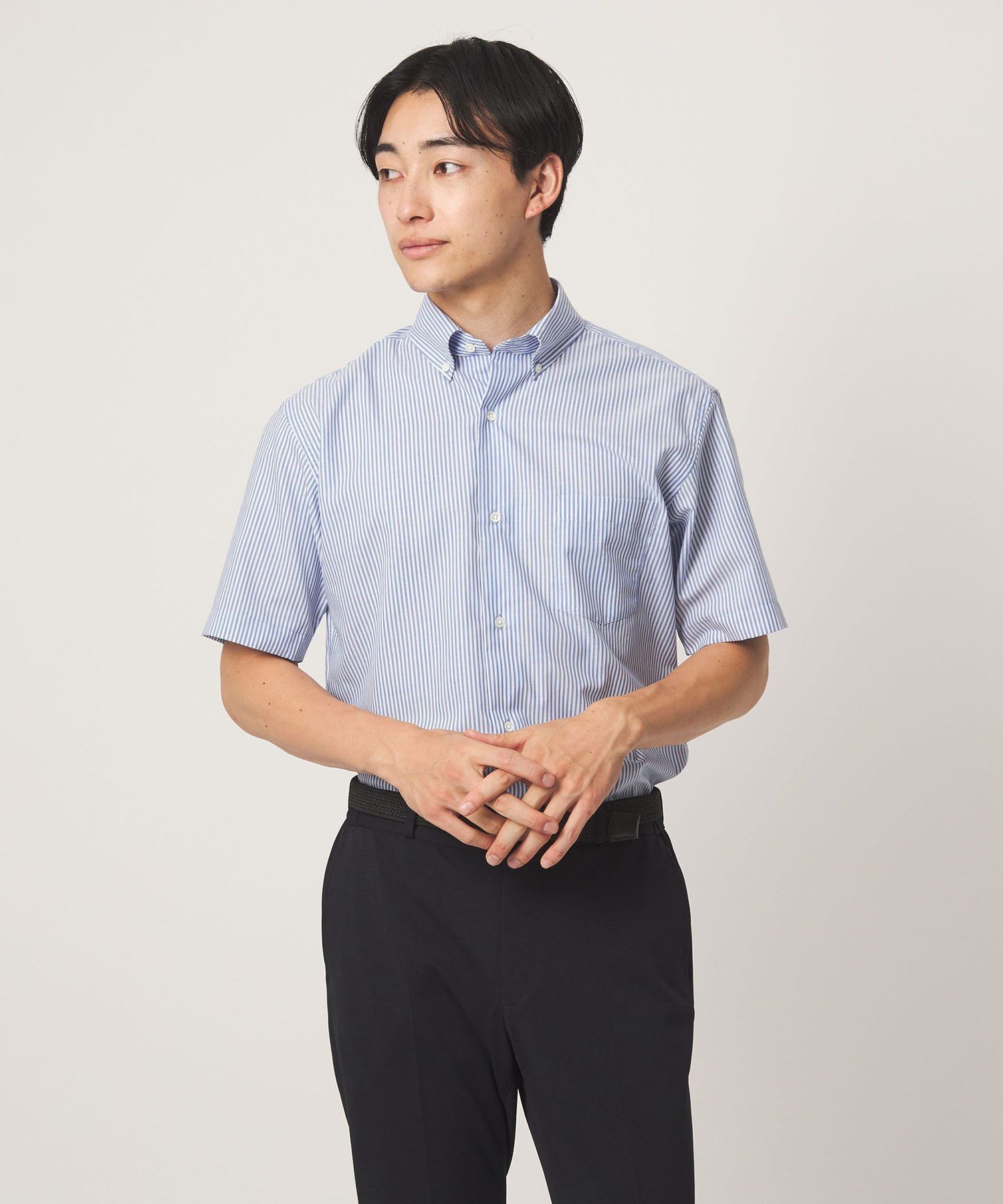 UNITED ARROWS green label relaxing 에브릿 TC 파나마 스트라이프 스탠다드 버튼다운 반소매 셔츠