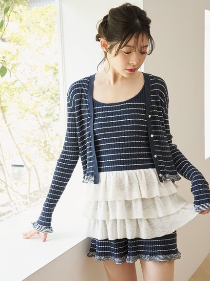 SNIDEL HOME ボーダーリブフリルチュニック スナイデルホーム トップス ニット ネイビー