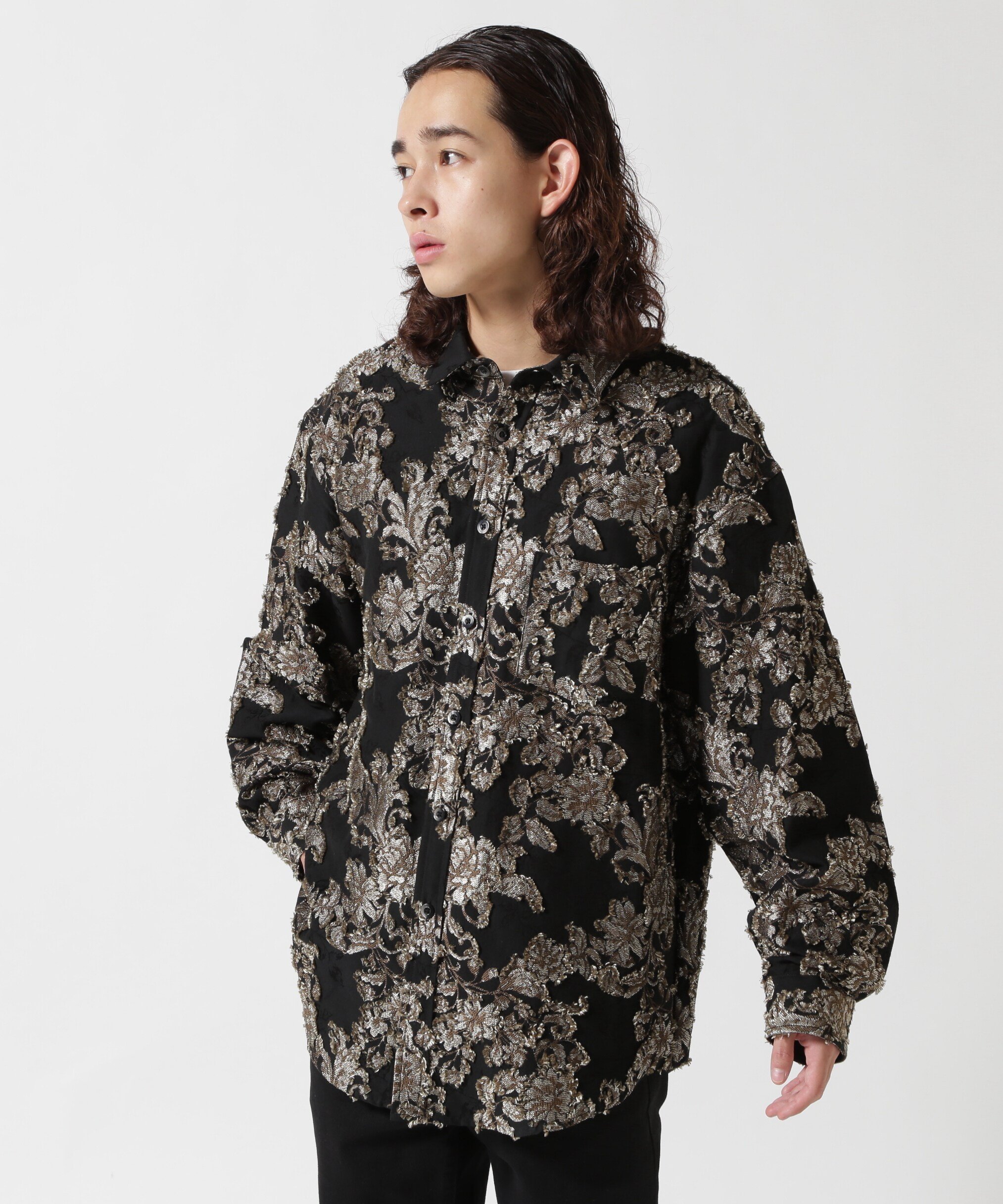 B'2nd LUSOR(ルーソル)FLOWER CUT JQD SHIRT フラワージャカードシャツ ビーセカンド トップス シャツ・ブラウス ブラック レッド