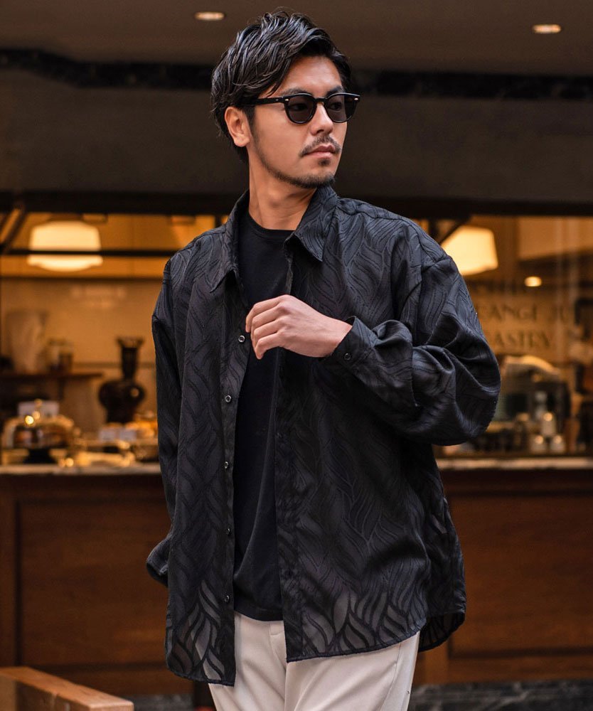 SB select CIAO 長袖シアーシャツ リーフ シルバーバレット トップス シャツ・ブラウス ブラック ホワイト
