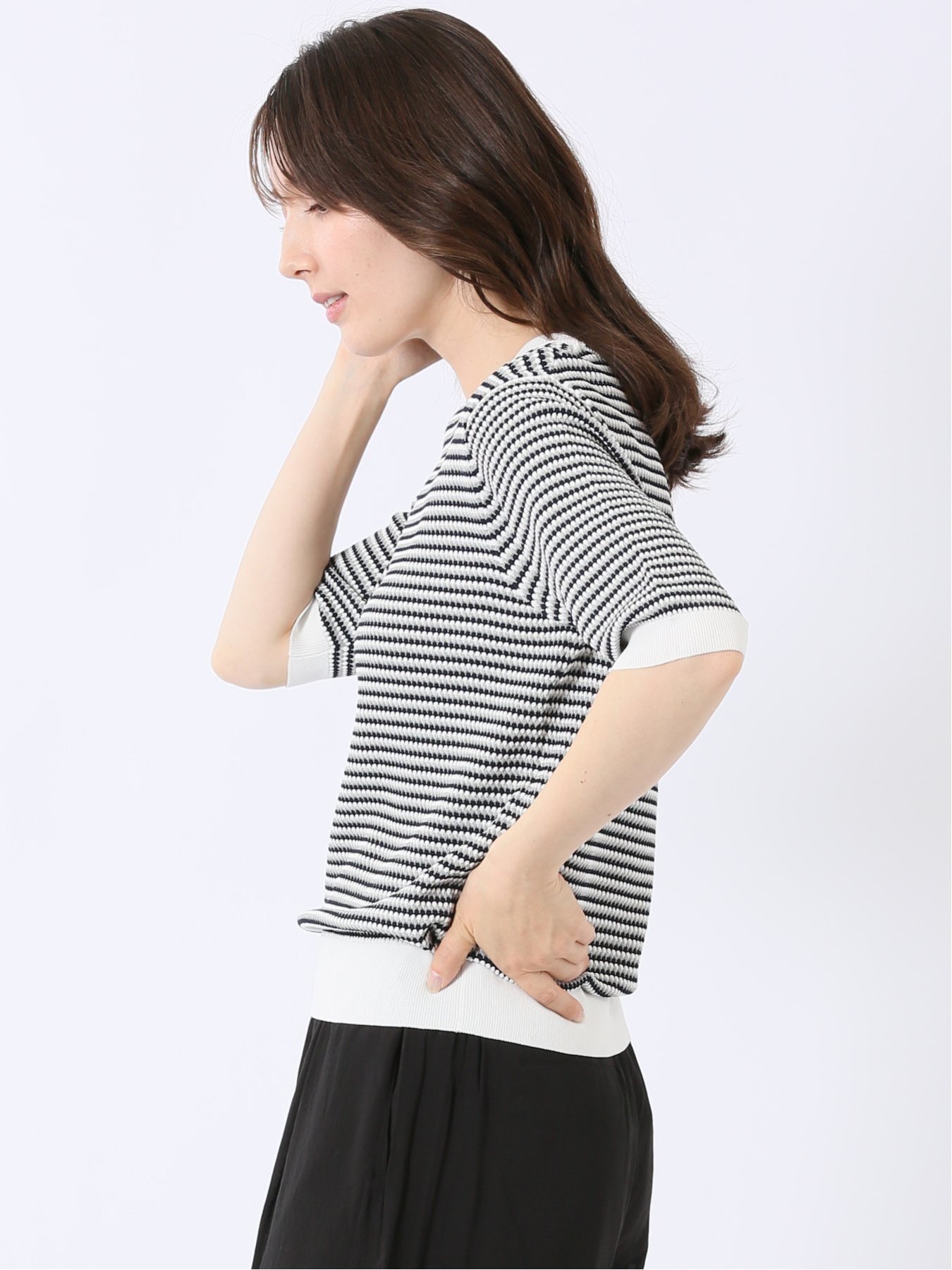 【SALE／10%OFF】m.f.editorial 快適機能 ラーベン柄 クルー 半袖 ニット プルオーバー タカキュー トップス ニット ホワイト ブルー【送料無料】