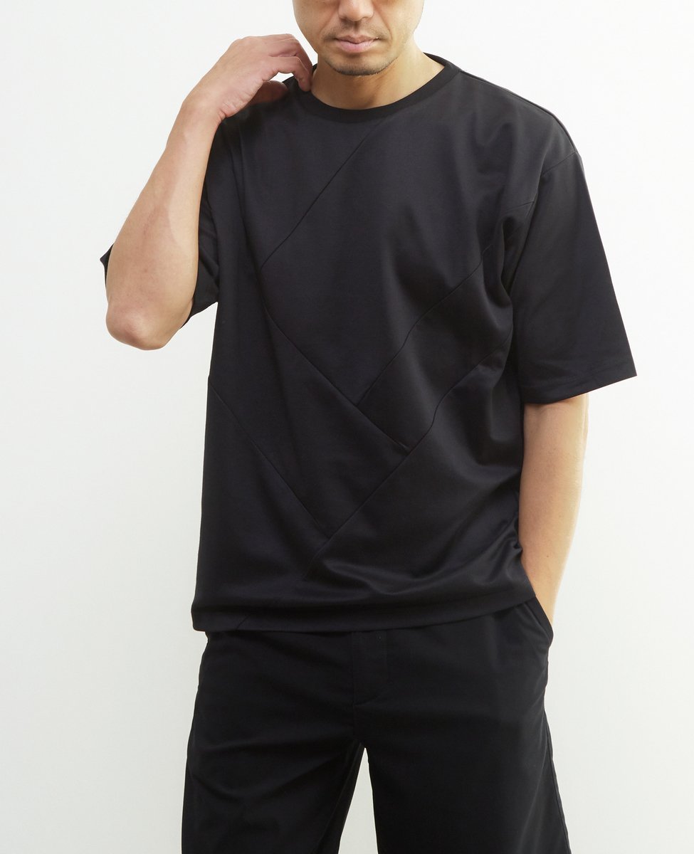 MEN'S MELROSE 【MASTER FRAME】シルケットポンチ 同色ブロックパターンTシャツ ｜ 接触冷感 メンズメルローズ トップス カットソー・Tシャツ ブルー ブラック ホワイト