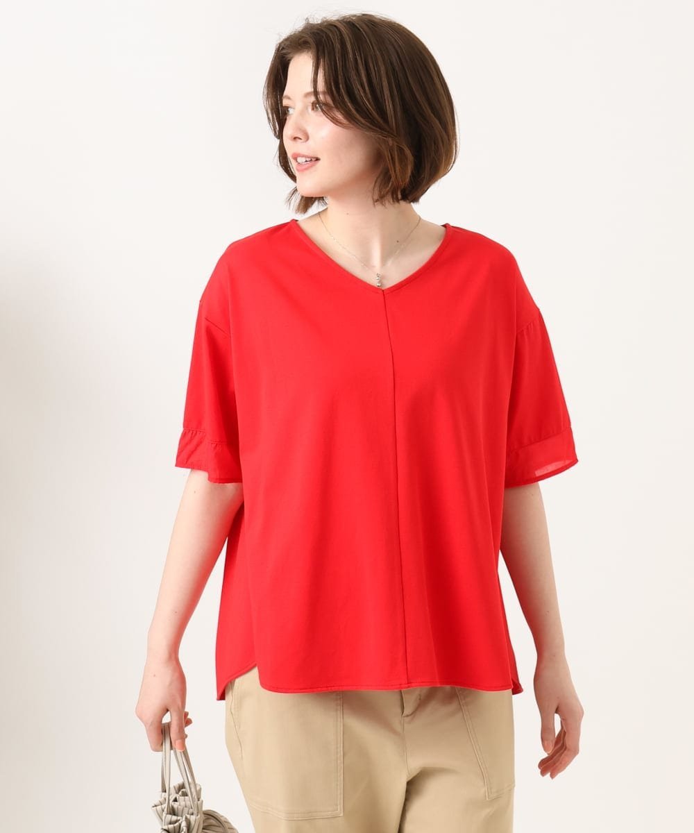 【大きいサイズ】Vネック袖シア-トップス エウルキューブ トップス カットソー・Tシャツ レッド ネイビー ホワイト
