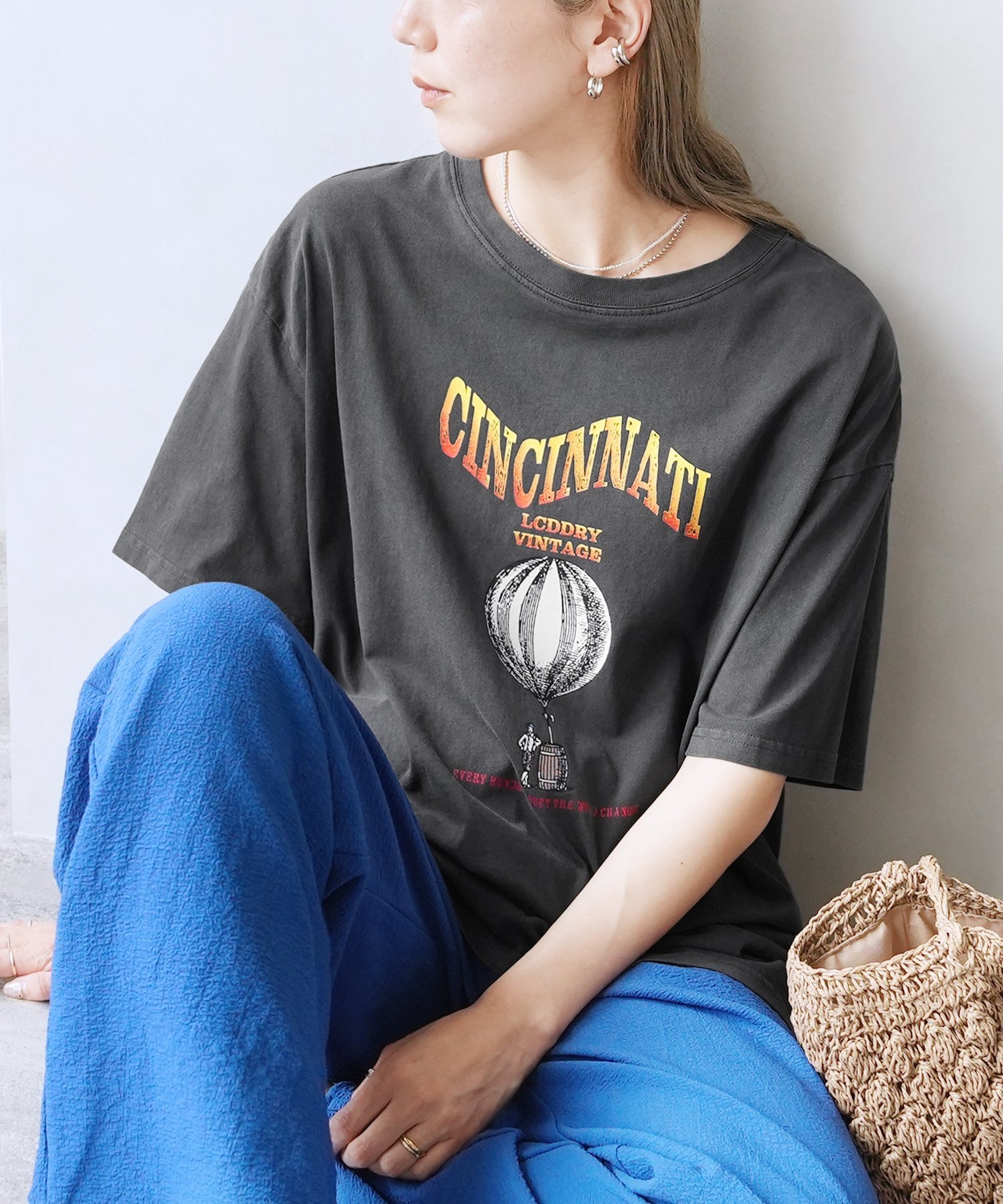 reca ヴィンテージ気球プリントロゴTシャツ(bel-z-33324) reca レカ レカ トップス カットソー・Tシャツ グレー オレンジ