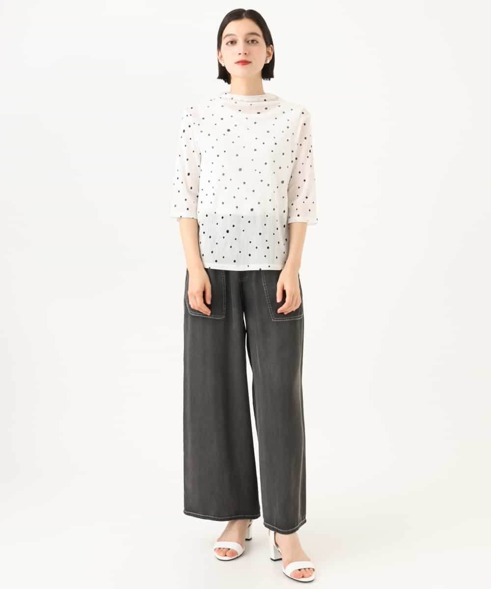 （小さいサイズ） [日本製]シアーチュールドットプリントカットソー メゾンドゥサンク トップス カットソー・Tシャツ ブラック ホワイト