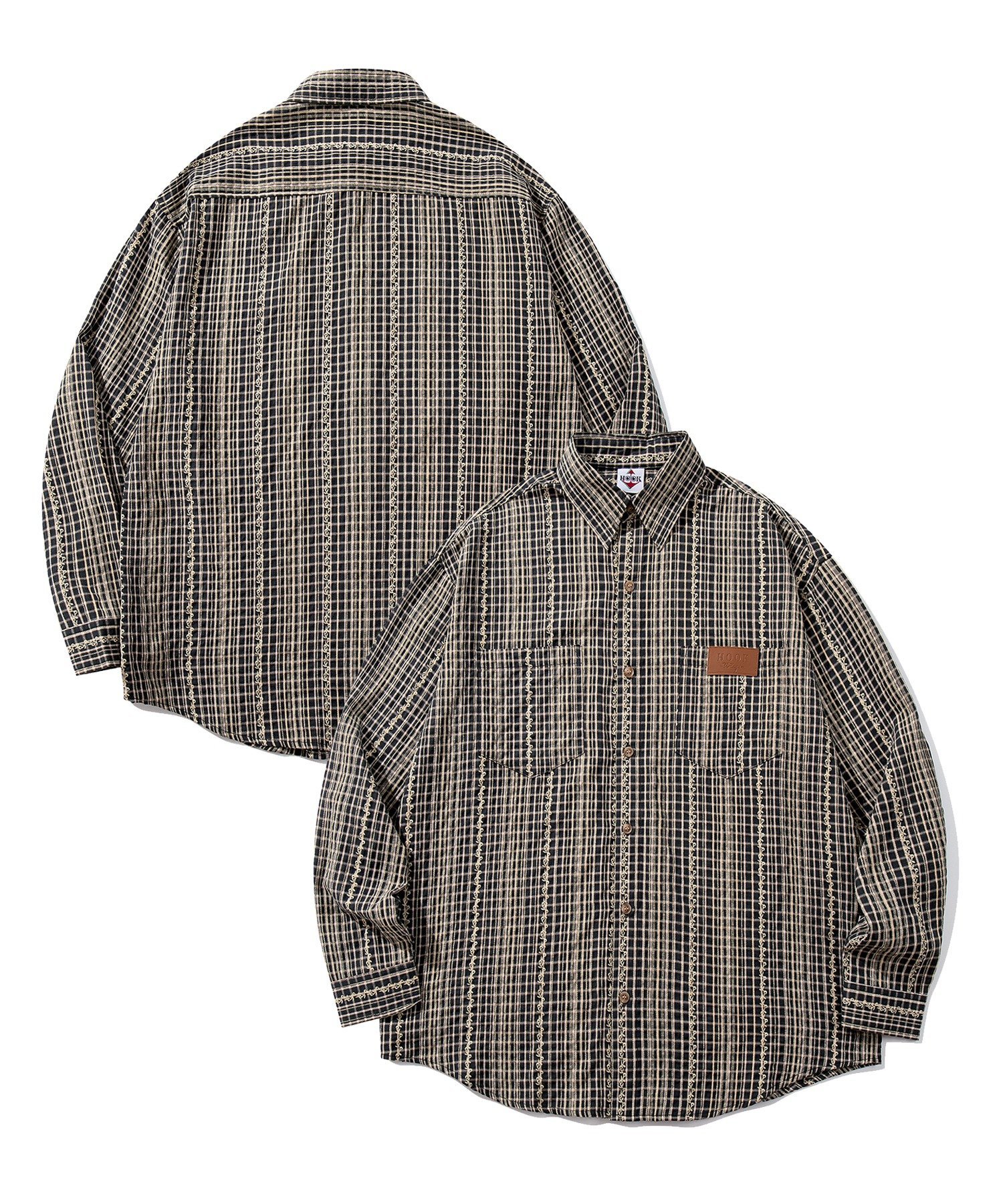 HOOK HOOK -original- 古着風ジャカードチェック柄シャツ アイモハ トップス カットソー・Tシャツ グリーン ベージュ ブラック