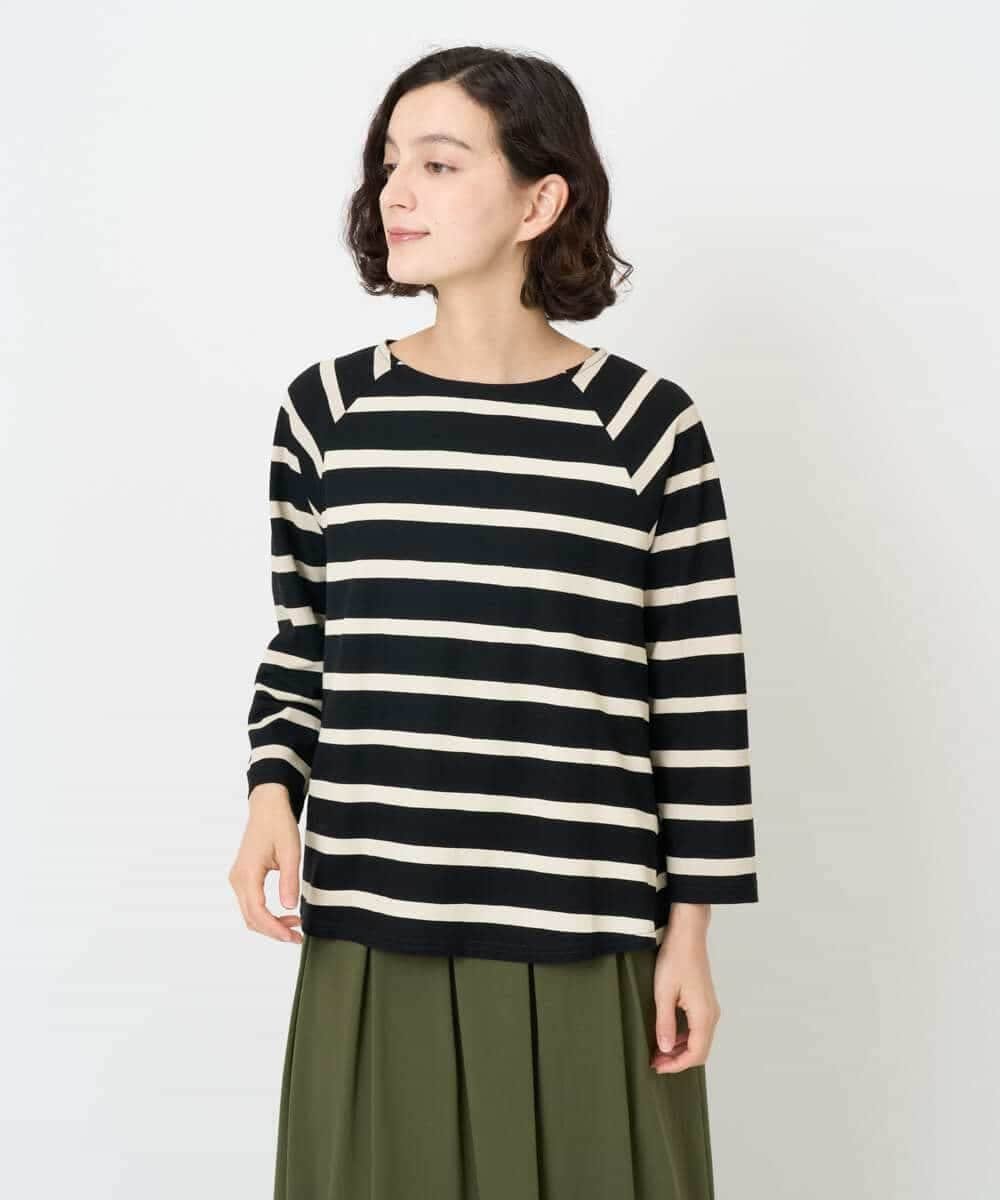 （小さいサイズ） [日本製]抜染ボーダープリントカットソー メゾンドゥサンク トップス カットソー・Tシャツ ベージュ グリーン